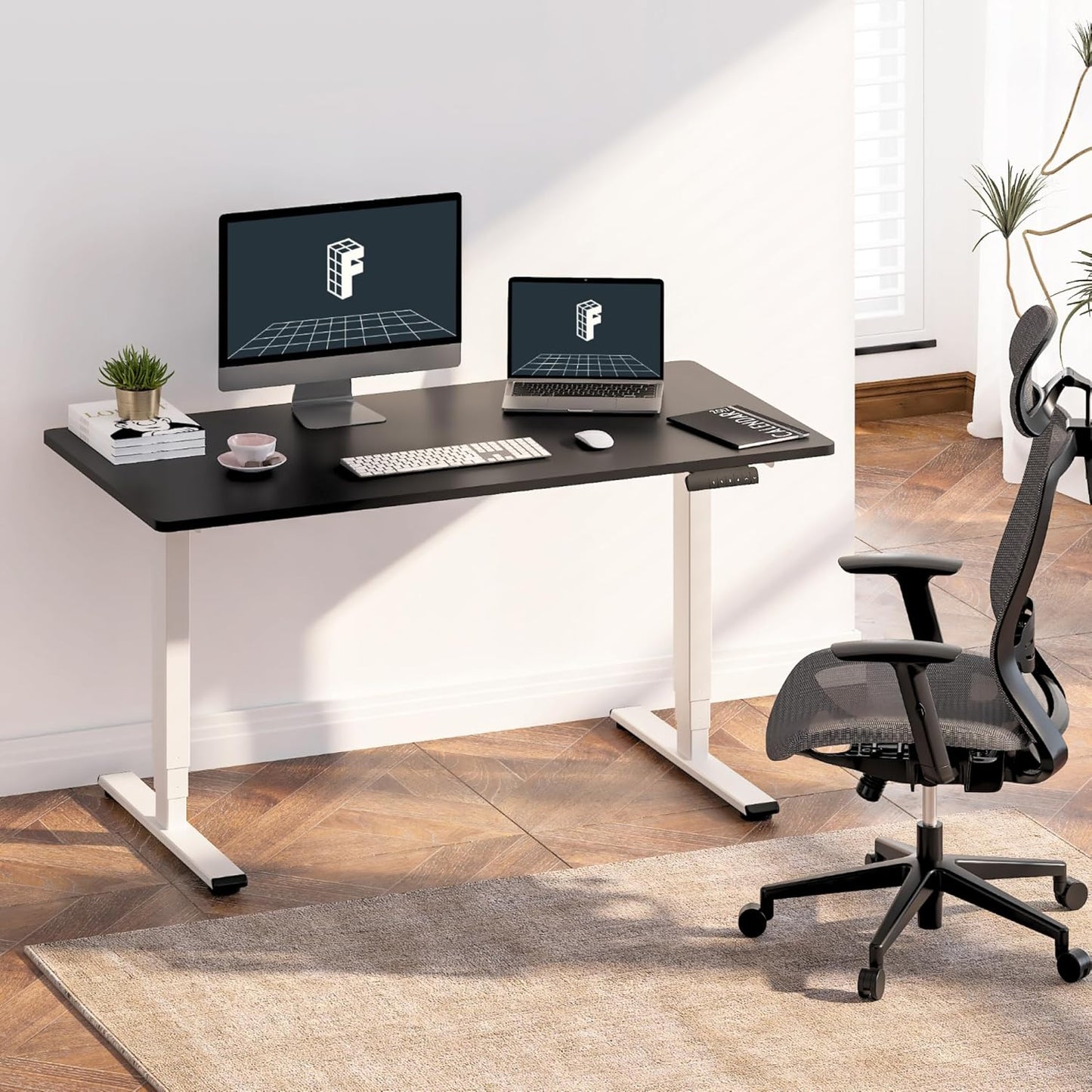 FLEXISPOT E6 Essential 3 Stages Dual Motor Electric Standing Desk 48x24 Inch Whole-Piece Board Height Adjustable Electric Sit Stand Desk(White Frame + Black Desktop, 2 Packages)