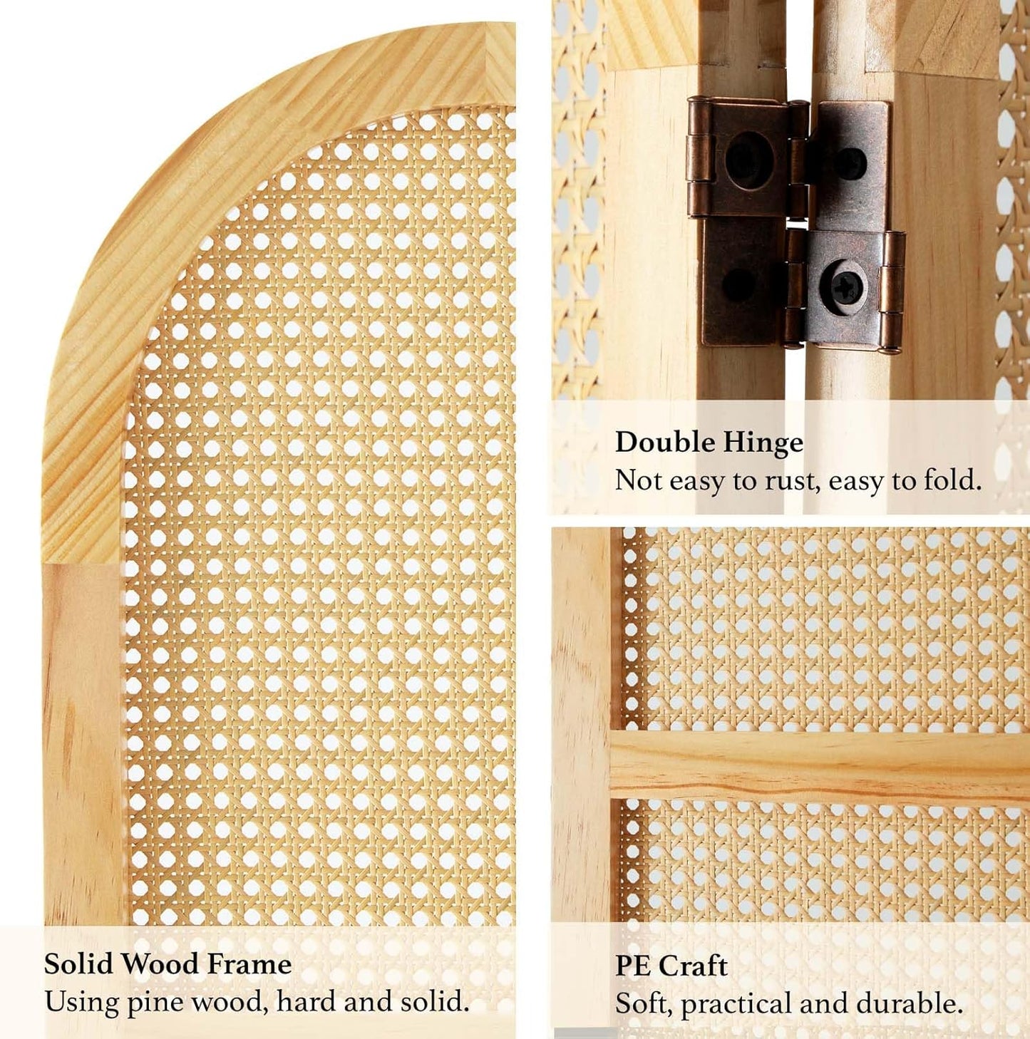 Room Dividers and Folding Privacy Screens, Pine Wood 5.6 Ft Double Hinged Rattan Partition Freestanding Wall Room Divider for Home - 3 Panels (Natural)