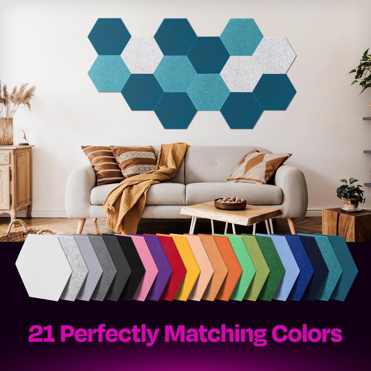 Acoustic Panels 12-Pack - 14"X12.1"X0.4" Sound Panels - High Density Sound Dampening - Ocean Turquoise Hexagon