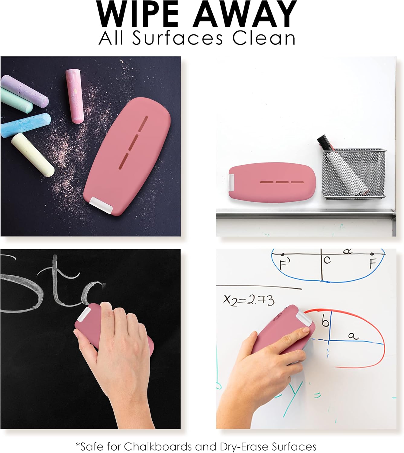 Loddie Doddie 2-in-1 Magnetic Pink Dry Erase Board Eraser - Blush Ergonomic TPE - Magnetic Holder for Whiteboard & Chalkboard - Non-Toxic Cleaner Spray & Bonus Microfiber Cloth - Teacher Supplies