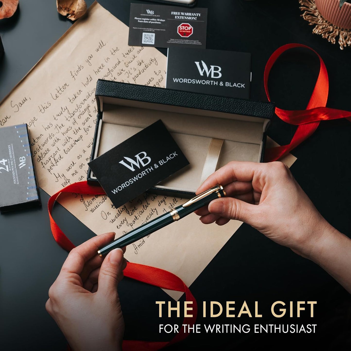 Wordsworth & Black Fountain Pen Set, 18K Gilded Medium Nib, Includes 24 Pack Ink Cartridges, Ink Refill Converter & Gift Box, Gold Finish, Calligraphy, [Racing Green], Perfect for Men & Women