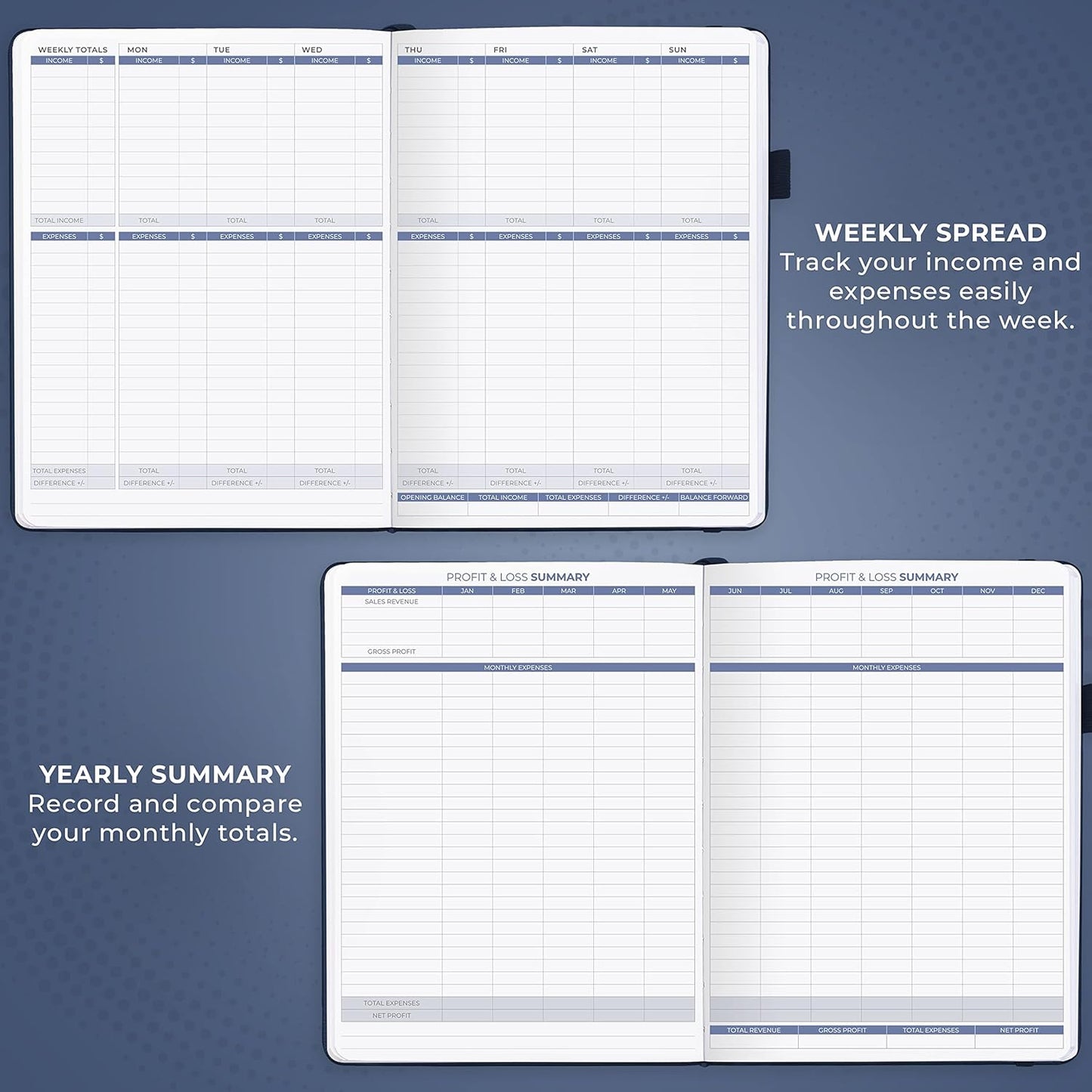 Clever Fox Income & Expense Tracker Large – Accounting & Bookkeeping Ledger Book for Small Business – 2-Year Record Notebook, A4 (Dark Blue)