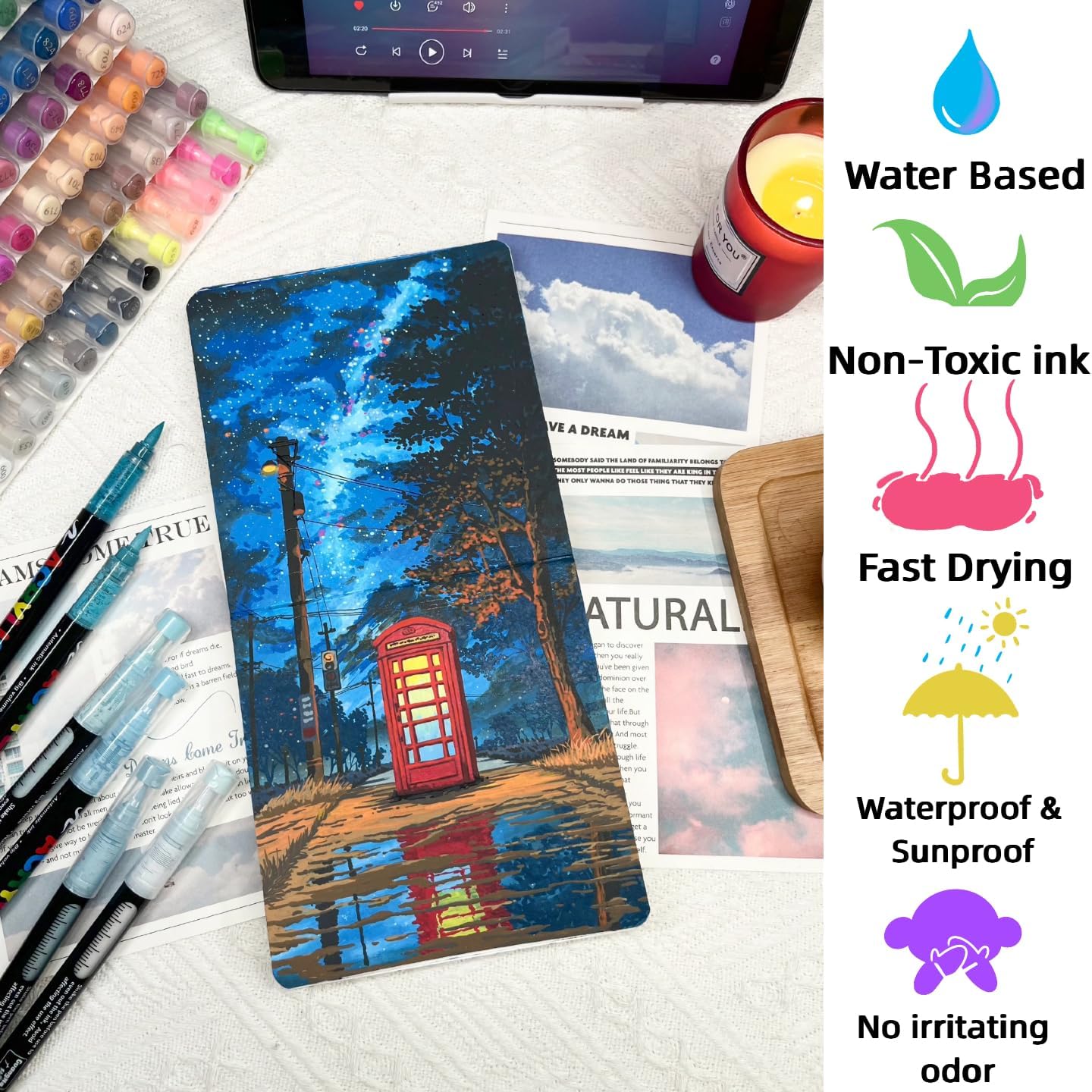 Acrylic Paint Markers, 24 Colors Acrylic Paint Pens with Soft Brush Tip, Auto Ink Control System, Fast-Drying High Coverage for Rock, Canvas, Wood, Ceramic, Plastic & DIY Crafts Art Supplies