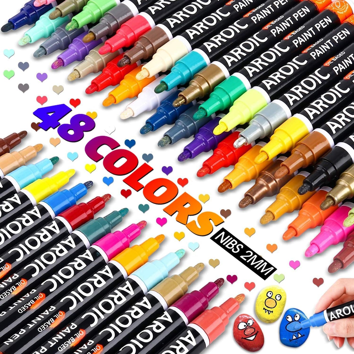 AROIC 48 Pack Oil-Based Paint Markers Medium Tip - Low Odor Rock Painting Pens for Wood, Metal, Plastic, Glass, Canvas, Ceramic Surfaces | 2025 Artist Professional Kit