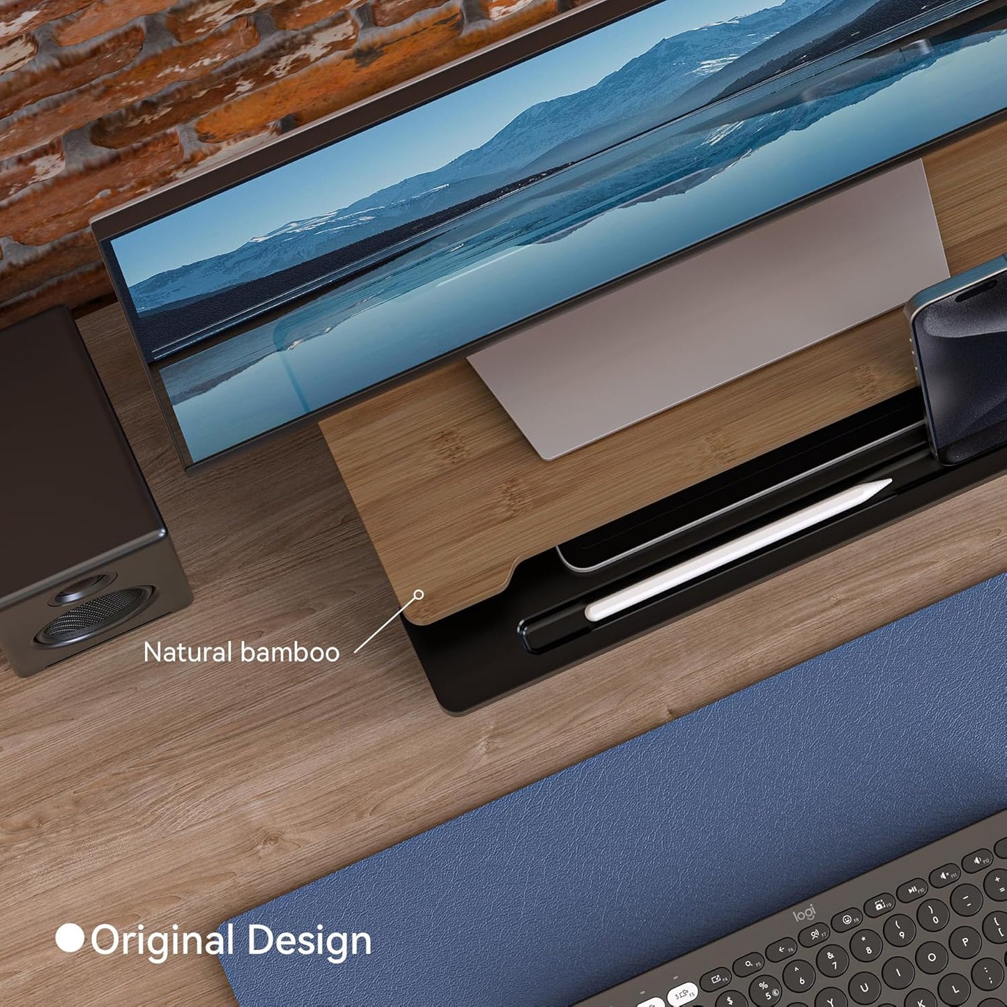 Monitor Stand Monitor Stand Riser for Desk,Wood Desk Shelf Storage Organizer with Phone Tablet Holder (16.5 Inch, Black & Dark Bamboo)