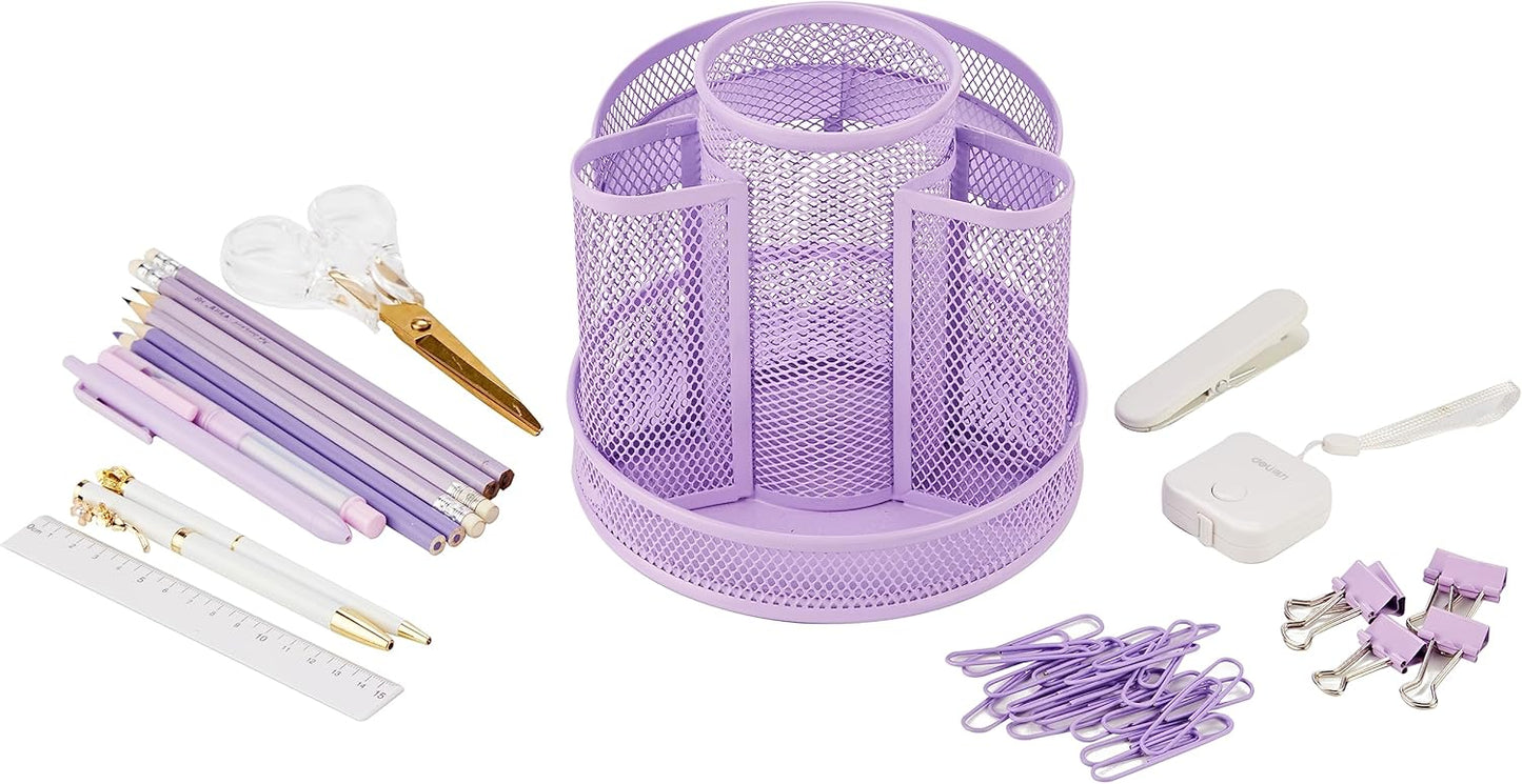 Annova Mesh Desk Organizer Rotate with 5 Compartments Round Spinning Tidy Candy/Pen Holder Desk Accessories Office, Art Supply, Storage, Classroom, Home (Light Purple)