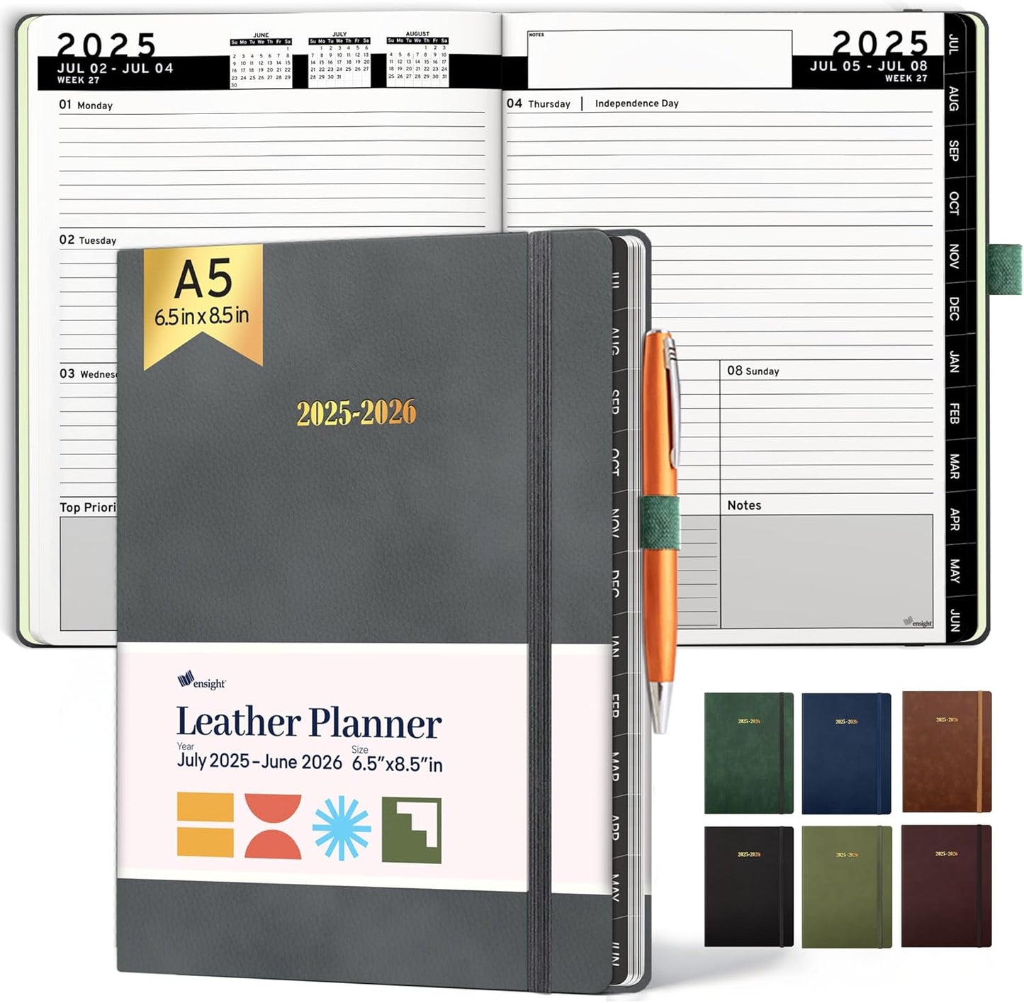 Ensight 2025-2026 HARDCOVER Leather Planner Weekly & Monthly - 6.5x8.5 Inches - Academic Planner Business Personal or Student - Pen Holder, Thick Paper, July 2025 - June 2026 (Grey)