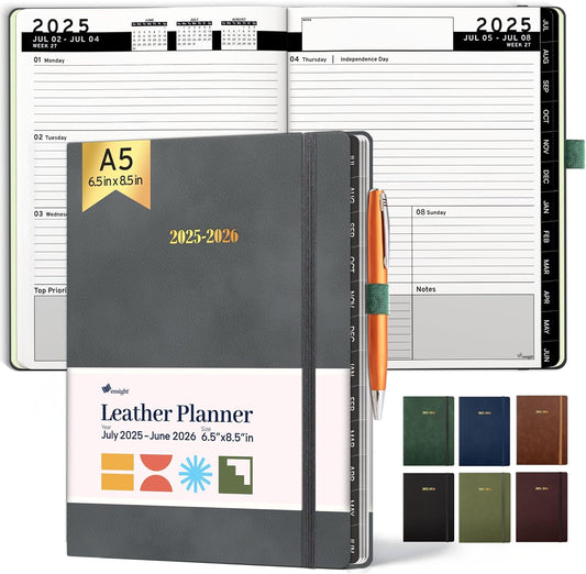 Ensight 2025-2026 HARDCOVER Leather Planner Weekly & Monthly - 6.5x8.5 Inches - Academic Planner Business Personal or Student - Pen Holder, Thick Paper, July 2025 - June 2026 (Grey)