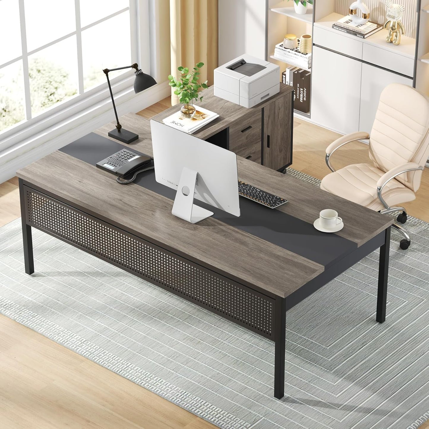 Tribesigns 70.8" Large Executive Office Desk and 47" Lateral File Cabinet Combo, L-Shaped Computer Desk Business Furniture with Drawers and Shelves, Home Office Workstation, Grey & Black
