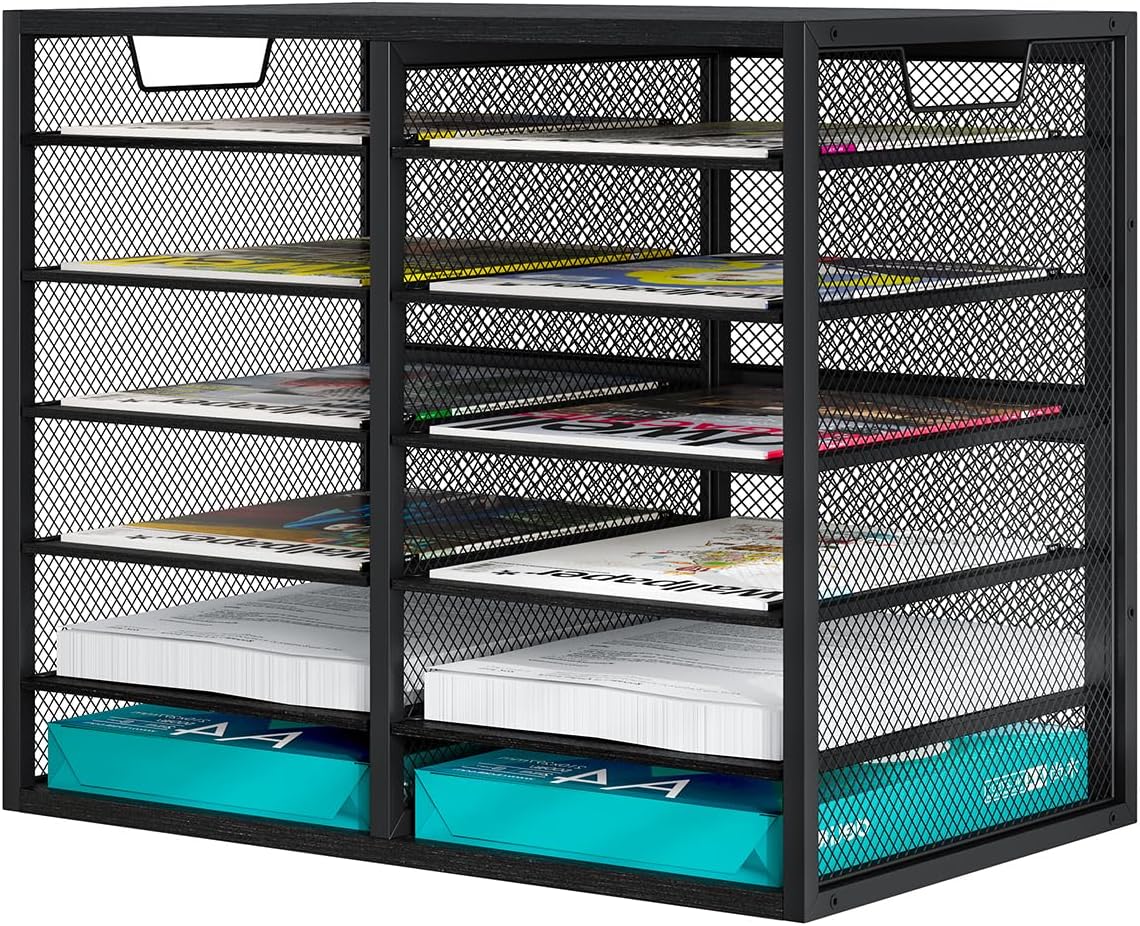 PAG Mass Mail Holder, Adjustable Countertop Literature Organizer, Student Mailbox, Desktop Bill Paper Organizer, 12 Compartments, Black