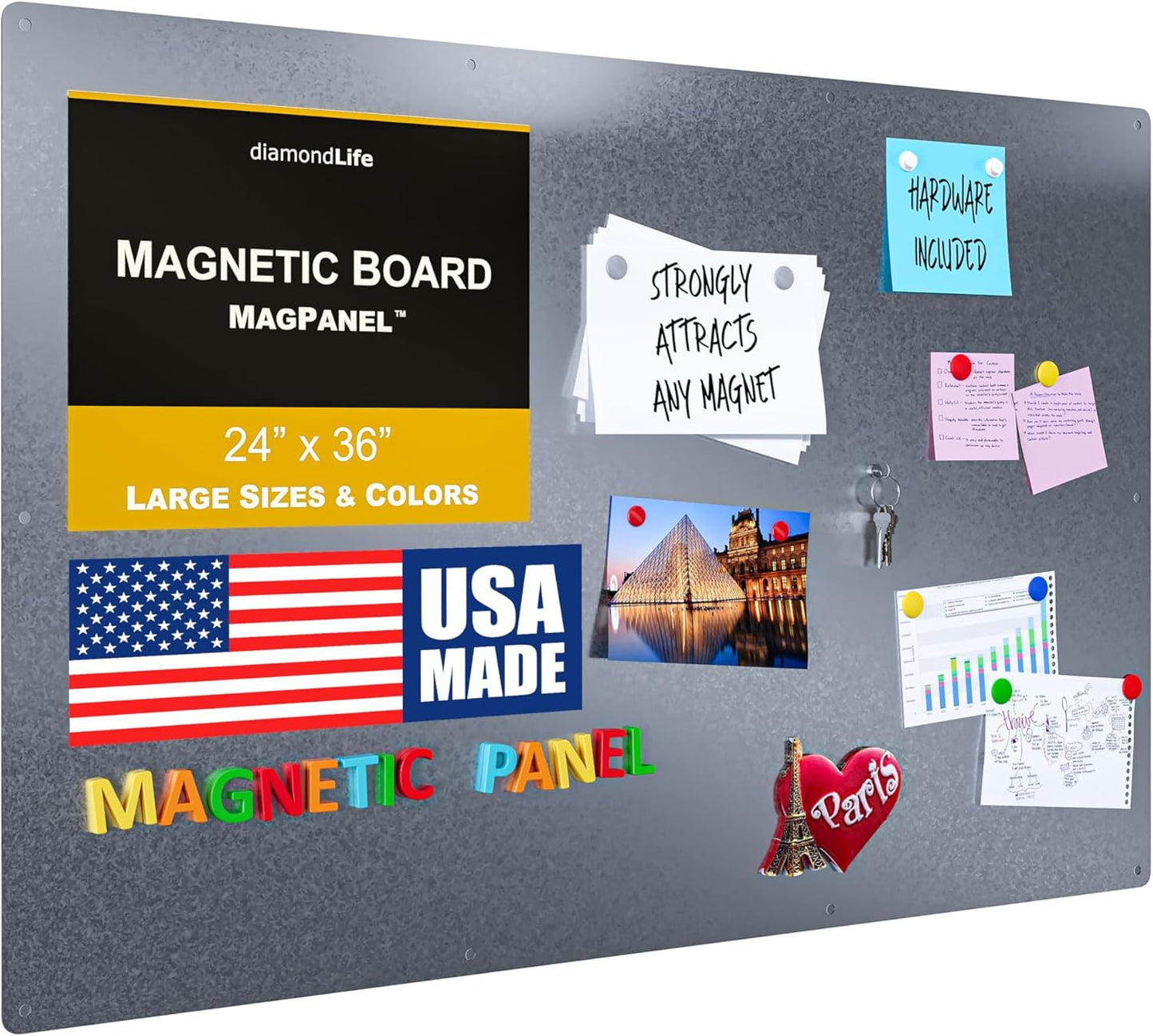 Diamond Life Magnetic Board - Memo & Vision Board for Home, Office, and Classroom - Magnet Board for Kids - Command Strips Included (Silver 24"x36")