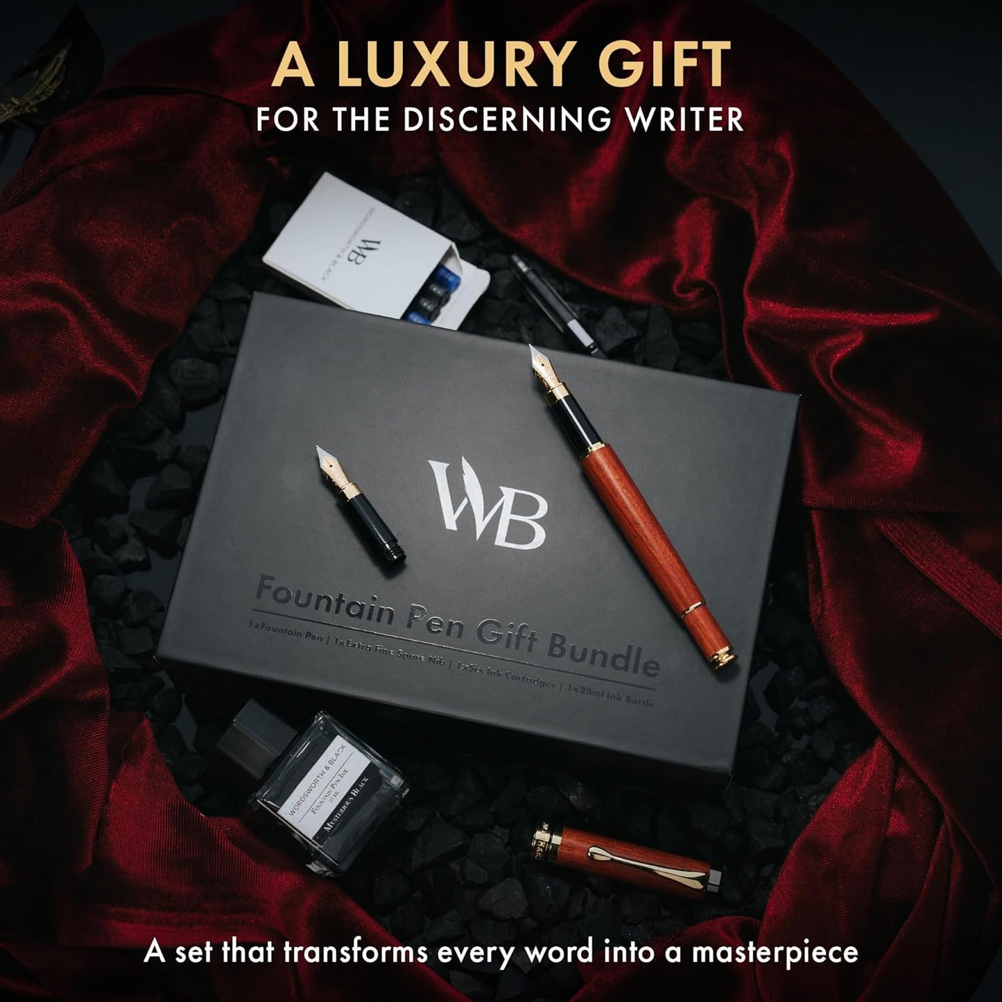 Wordsworth & Black Fountain Pen Set, Luxury Bamboo Wood - Medium Nib, Extra Fine Nib, Gift Case; 25ML Black Ink Bottle, 6 Ink Cartridges, Refill Converter - Calligraphy, Writing [Brown Wood]