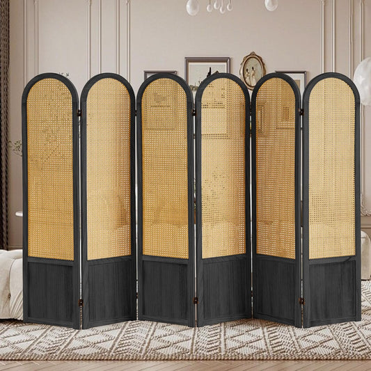 6 Panel Rattan Room Divier, Room Divider Panel and Folding Privacy Screens, Room Divider Wall, Solid Wood Frame, Partition Room Dividers, Bedroom, Lounge, Black