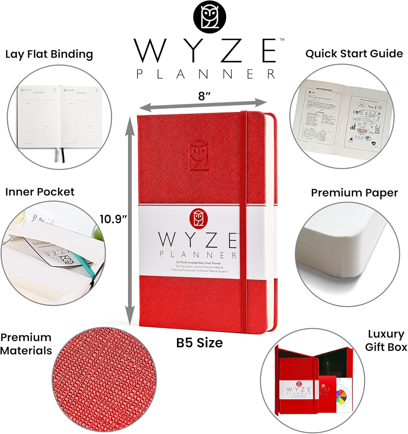 Undated Daily Planner – 1-Year B5 Productivity Organizer with Two-Page Weekly Spread, Goal Setting, Habit Tracker, Weekly & Monthly Pages – Hardcover Time Management Notebook (Red)