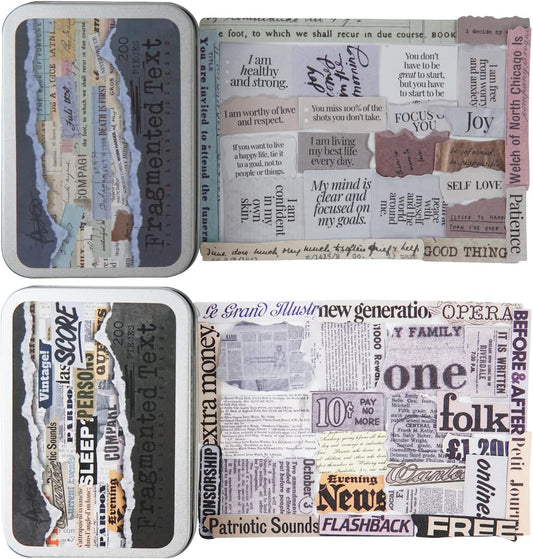Vintage Fragmented Text Stickers, 400 PCS Washi Ephemera for Scrapbooking, Journaling, Crafting, DIY Projects, Diaries, and Art Supplies - 2 Iron Boxes Included