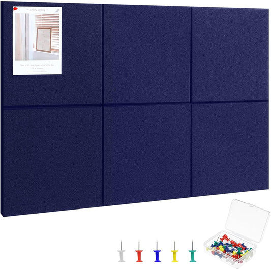 Large Cork Board 36" x 24", 6 Pack Felt Wall Tiles with Colored Pushpins, Bulletin Board with Removable Self-Adhesive Strips, Pin Board Cork Boards for Walls Office Home-Dark Blue