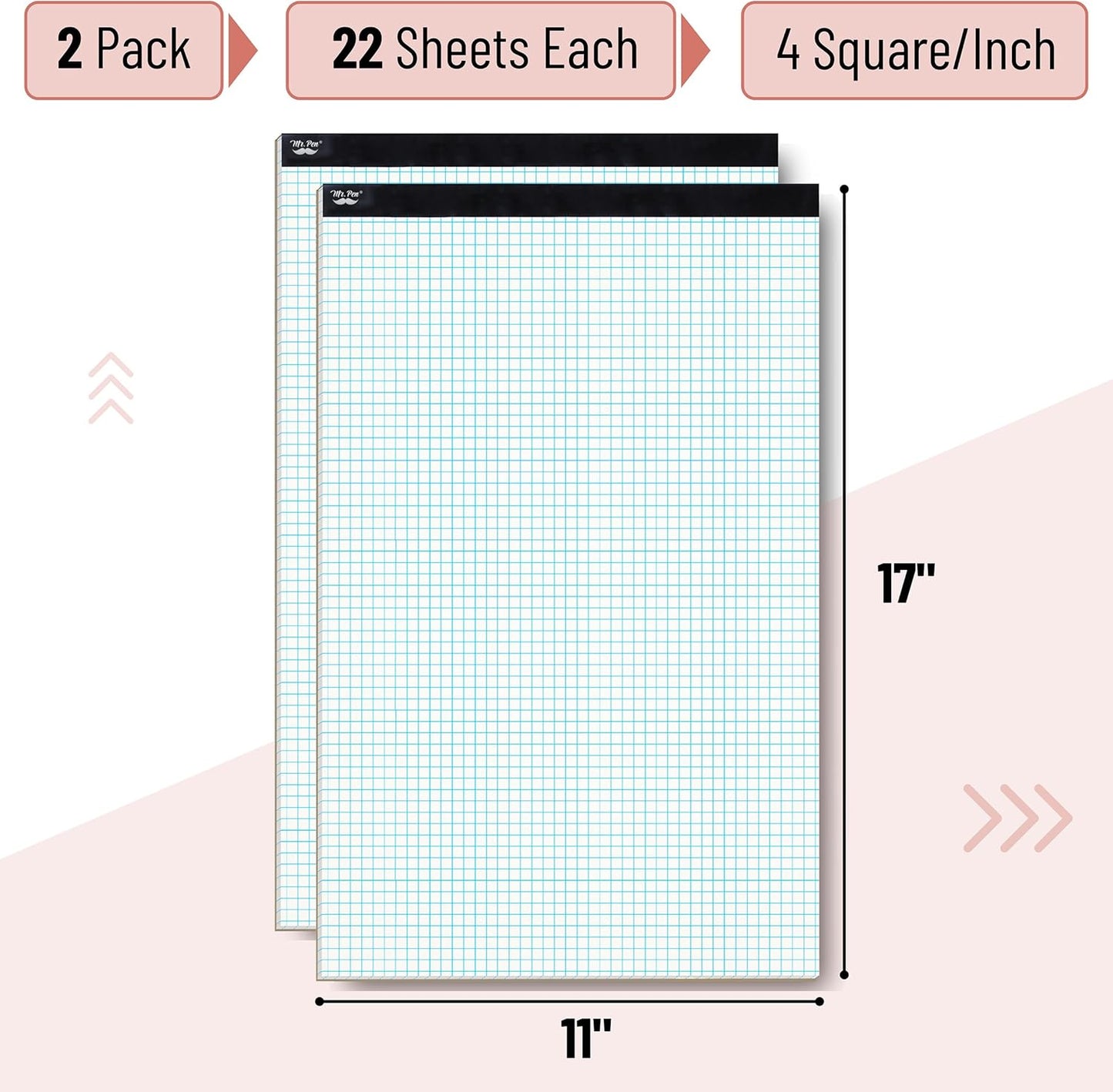 Mr. Pen- Graph Paper, 2 Pack of 22 Sheets, 17"x11", 4x4 (4 Squares per inch), Graphing Paper, Grid Paper Pad, Math Graph Paper Pad, Drafting Paper, Computation Pads, Large Graph Paper
