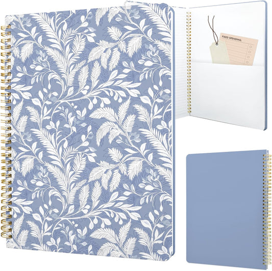 Cute Spiral Notebook journal A4 Aesthetic Pretty Design for Women Girls Kawaii with Pocket, 8.5 x 11 inch, Lined, Blue Leaves