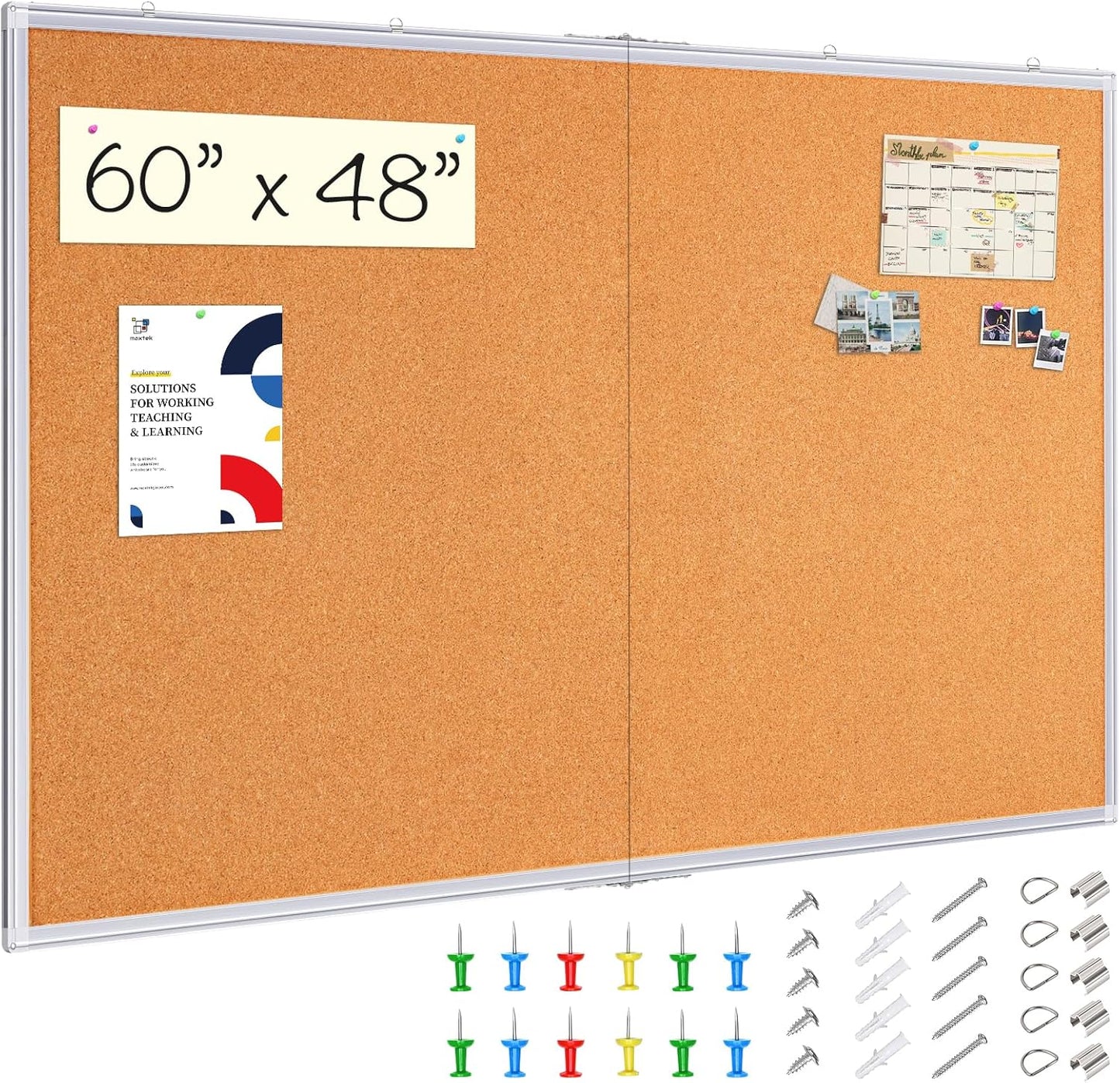 maxtek Large Cork Board 60 x 48 in, Bulletin Board for Walls, 5'x 4' Extra Aluminum Framed Corkboard, Foldable Wall Mounted Back to School Pin Memo Notice Cork Board for Office, Home Wall Display