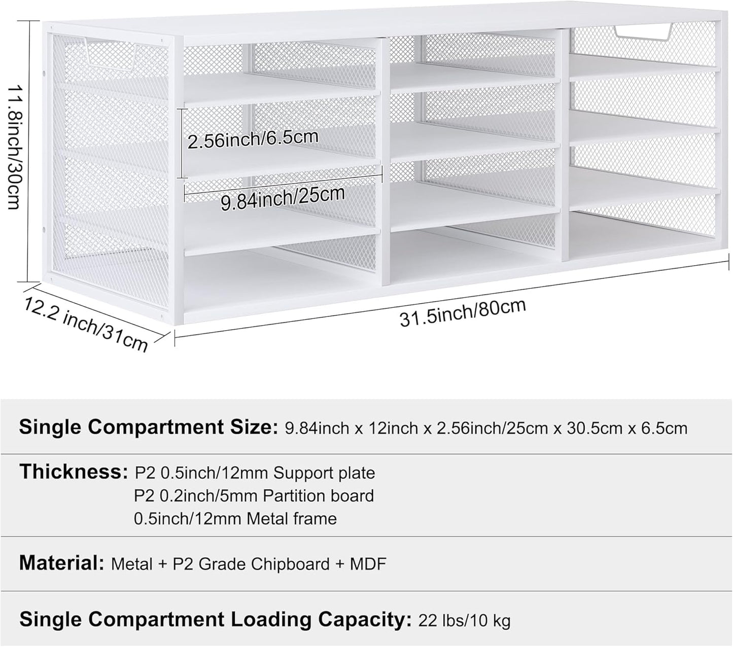 Mail Sorter Adjustable Countertop Mail Holder, Heavy Duty Literature Organizer, Student Mailbox for Classroom, Desktop Bill Paper Organizer for Office Home School, 12 Compartments, White
