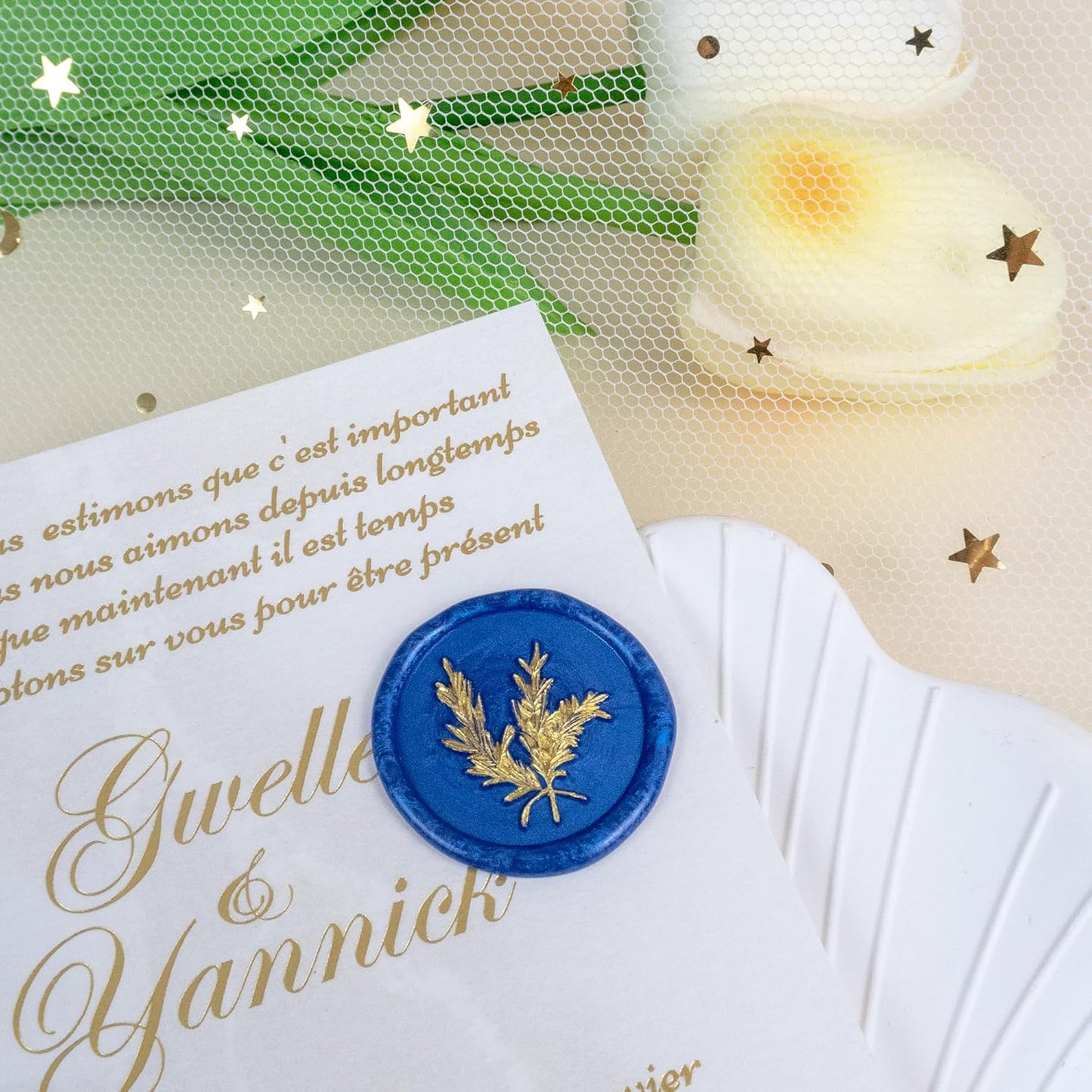 25Pcs Gold & Blue Wax Seal Stickers Handmade Envelope Seals Self Adhesive Wax Stickers for Wedding Party Invitations, Envelope, Gift Wrap, Christmas(Gold Rosemary Style, Blue Wax)