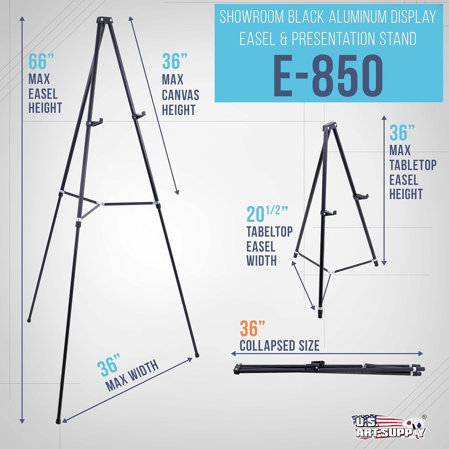 U.S. Art Supply 66" High Black Metal Display Art Easel - Large Adjustable Height Portable Easel Stand, Sign Display, Holds 25 lbs - Floor & Tabletop Easels, Sign Stand