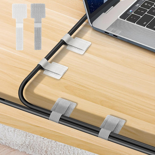 Desk Cable Management, Wire Organizers for Cords - Grey and White 48 PCS Sticky Back Self Adhesive Cable Ties, Hook and Loop Straps for Home or Office Use