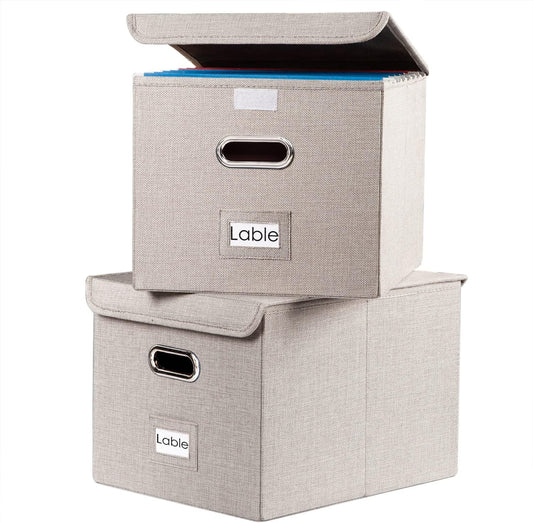 PRANDOM File Organizer Box - Set of 2 Collapsible Decorative Linen Filing Storage Hanging File Folders with Lids Office Cabinet Letter Size Light Grey (15x12.2x10.75 inch)