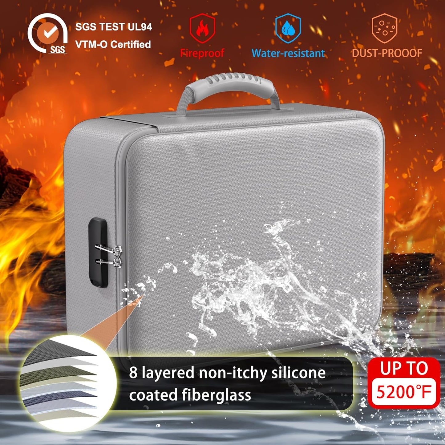ENGPOW 5200°F Fireproof Document Bag with Lock, Upgraded Heat Insulated Fireproof＆Waterproof Box 8 Layers Document Organizer, Portable Home Travel Safe Storage Box for Important Files, Laptop, Silver