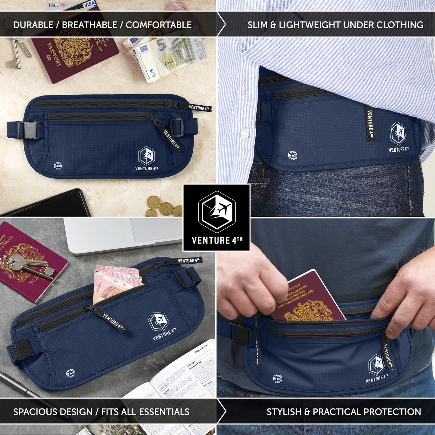 VENTURE 4TH Travel Money Belt - Slim Passport Holder RFID Blocking Travel Pouch to Protect Cash, Credit Cards and Travel Documents (Navy Blue)