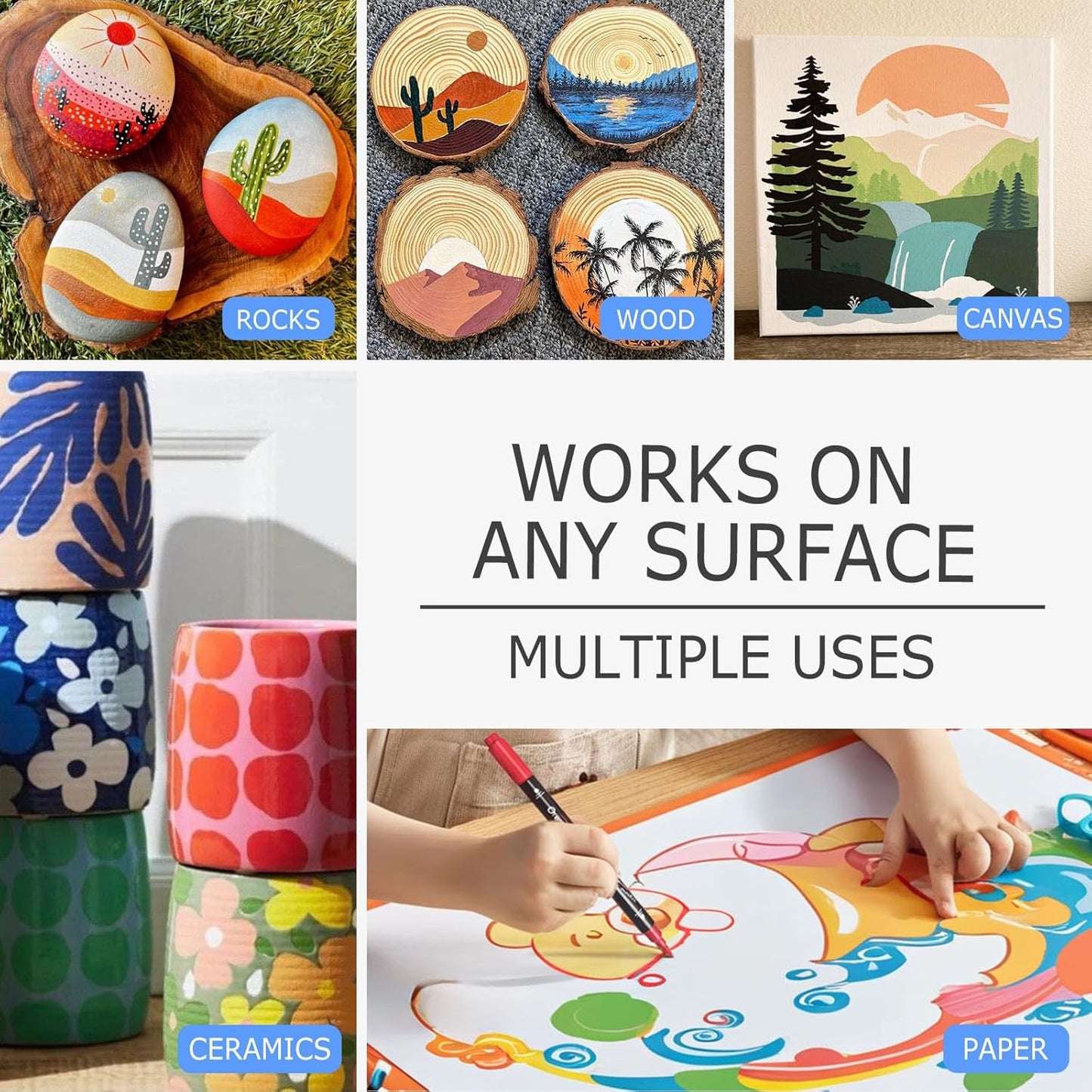 Overseas 12 Dual-Tip Acrylic Paint Markers Pens - Acrylic Paint Pens with Brush and Dot Tip, No Bleeding Coloring Marker for Wood, Rock, Glass, Metal, Ceramic, Plastic, Fabric, Teacher Supplies