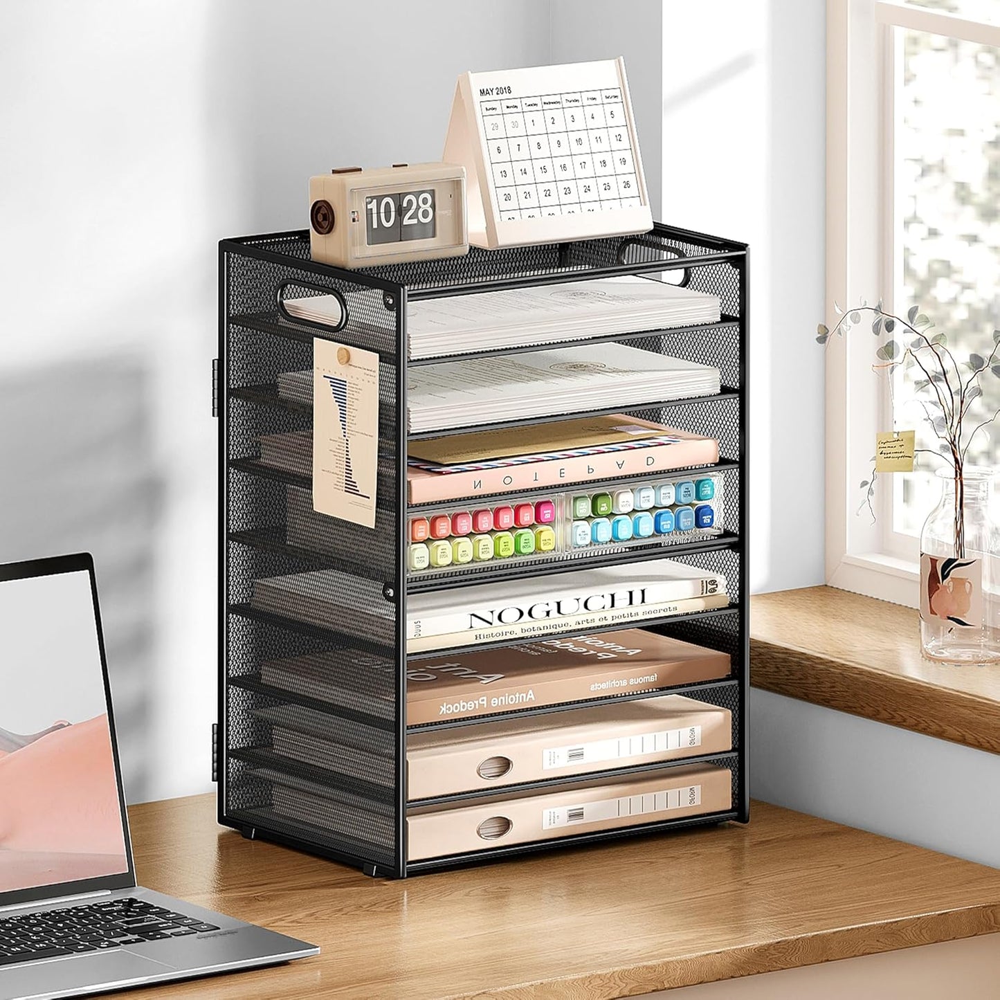 SUBEKYU 9 Tier Paper Organizer for Desk - Black Metal Mesh Letter Tray File Paper Sorter Organizer Include 6 Pcs Adjustable Height Slid Tray with Handles for Office School Home Organization Storage