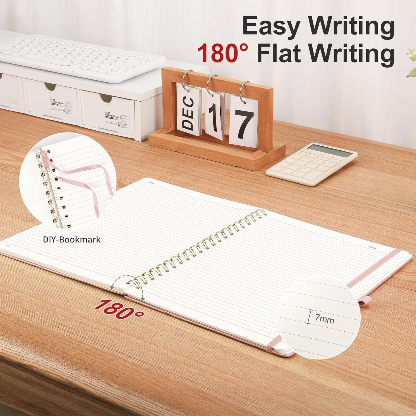 AHGXG Lined Spiral Journal Notebook, B5 Large Journals for Women Men, 140 Pages Hardcover Leather Notebook College Ruled, 100 GSM Paper, Notebooks for Work School Note Taking, 7.6" x 10", Rose Gold