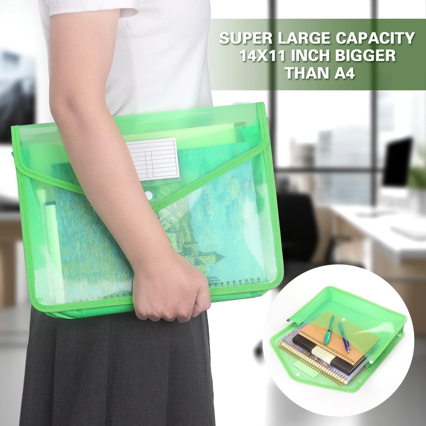 Plastic Expanding File Folder, Transparent envelopes with Snap Closure, No Dividers, Large Capacity, Fit Letter/A4 Size (Green)