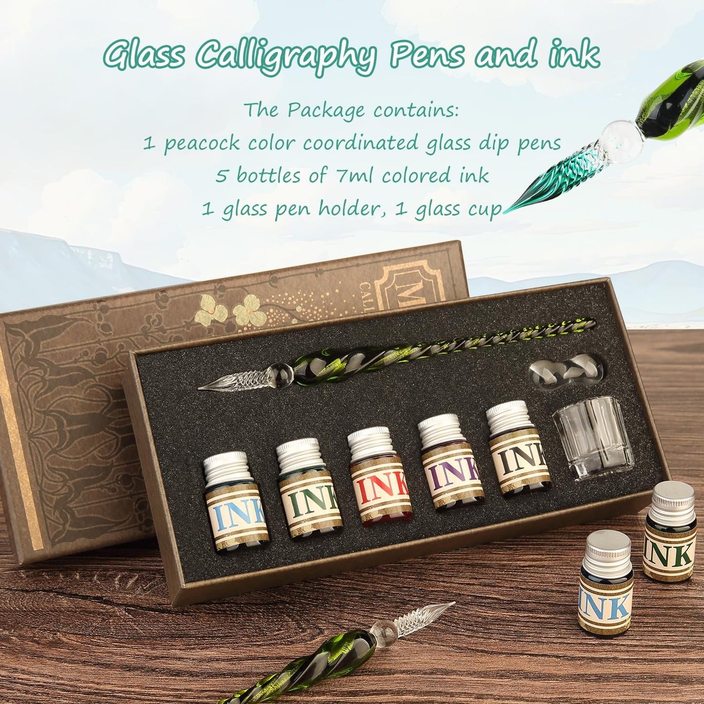 Glass Dipped Crystal Calligraphy Pen Set with 5 Colorful India Ink, 1 Pen Holder, 1 Cleaning Cup, Ink Drip Tool, Signatures, Drawing, Decoration Kits for Beginners