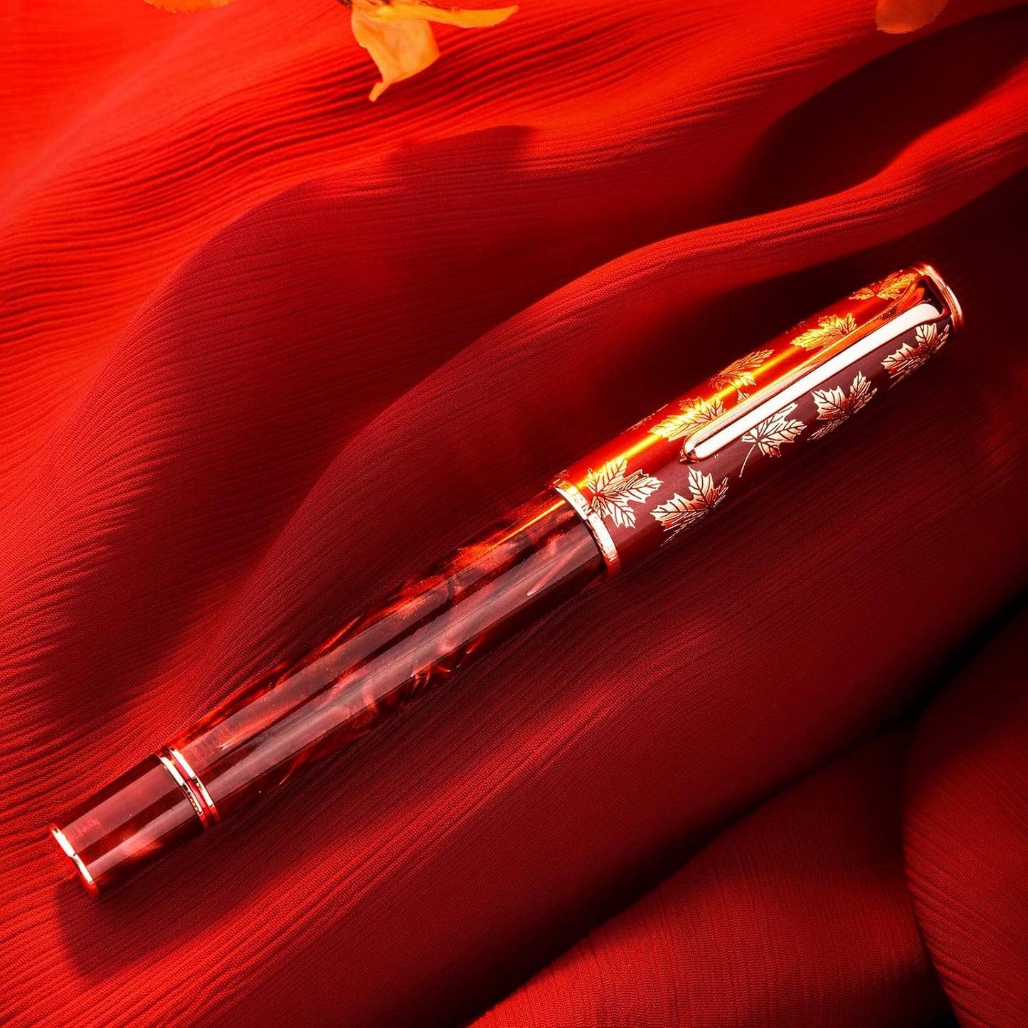 Hongdian N8 Red Acrylic Resin Fountain Pen, Iridium Medium Nib Rose Gold Trim Maple Leaf Carving Cap, Smooth Writing Pen with Converter and Metal Pen Box Set