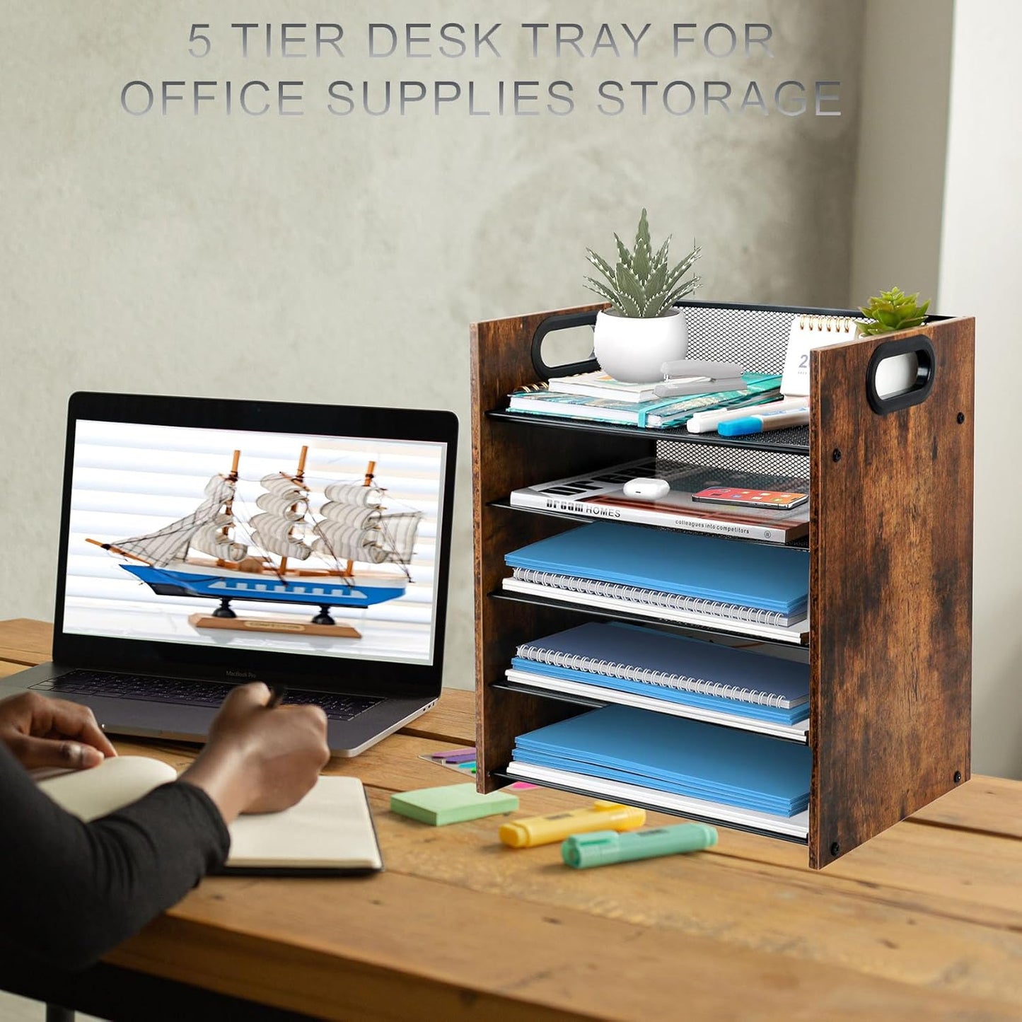 Wood Desk Organizer - 5-Tier Desktop File Organizer, Wooden Paper Tray, Office Desk Organzier and Accessories for Papers, Mail, Notebooks, Stationery
