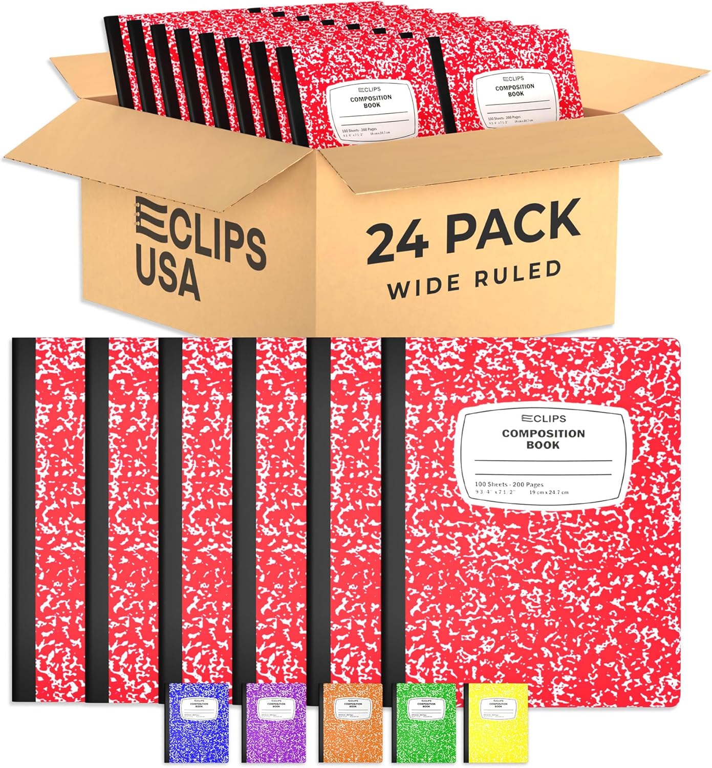 E-CLIPS USA Composition Notebooks, (24 Pack), Wide Ruled Composition Notebook, Marble Composition Notebook, 100 sheets, 200 Pages (24, Red)