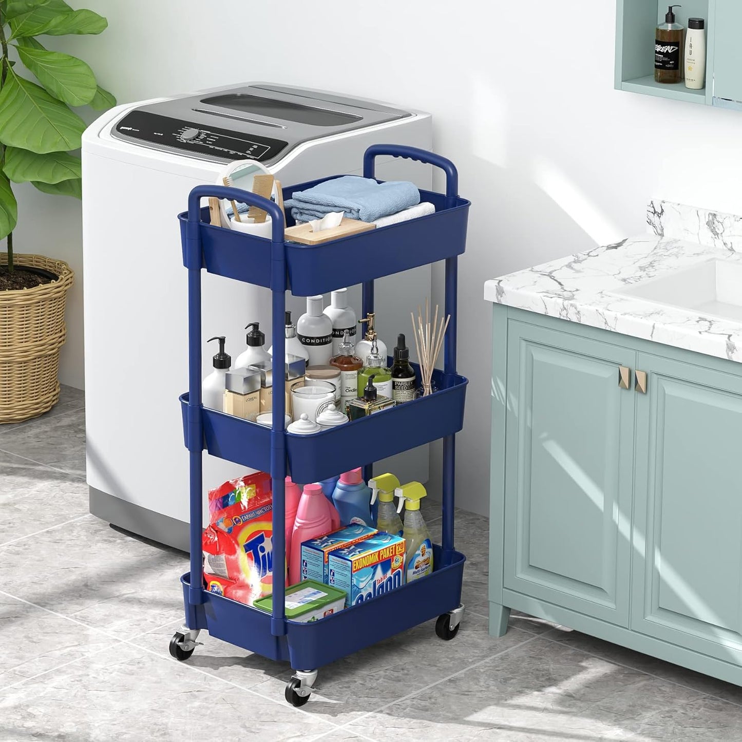 Sywhitta 3-Tier Plastic Rolling Utility Cart with Handle, Multi-Functional Storage Trolley for Office, Living Room, Kitchen, Movable Storage Organizer with Wheels, Blue