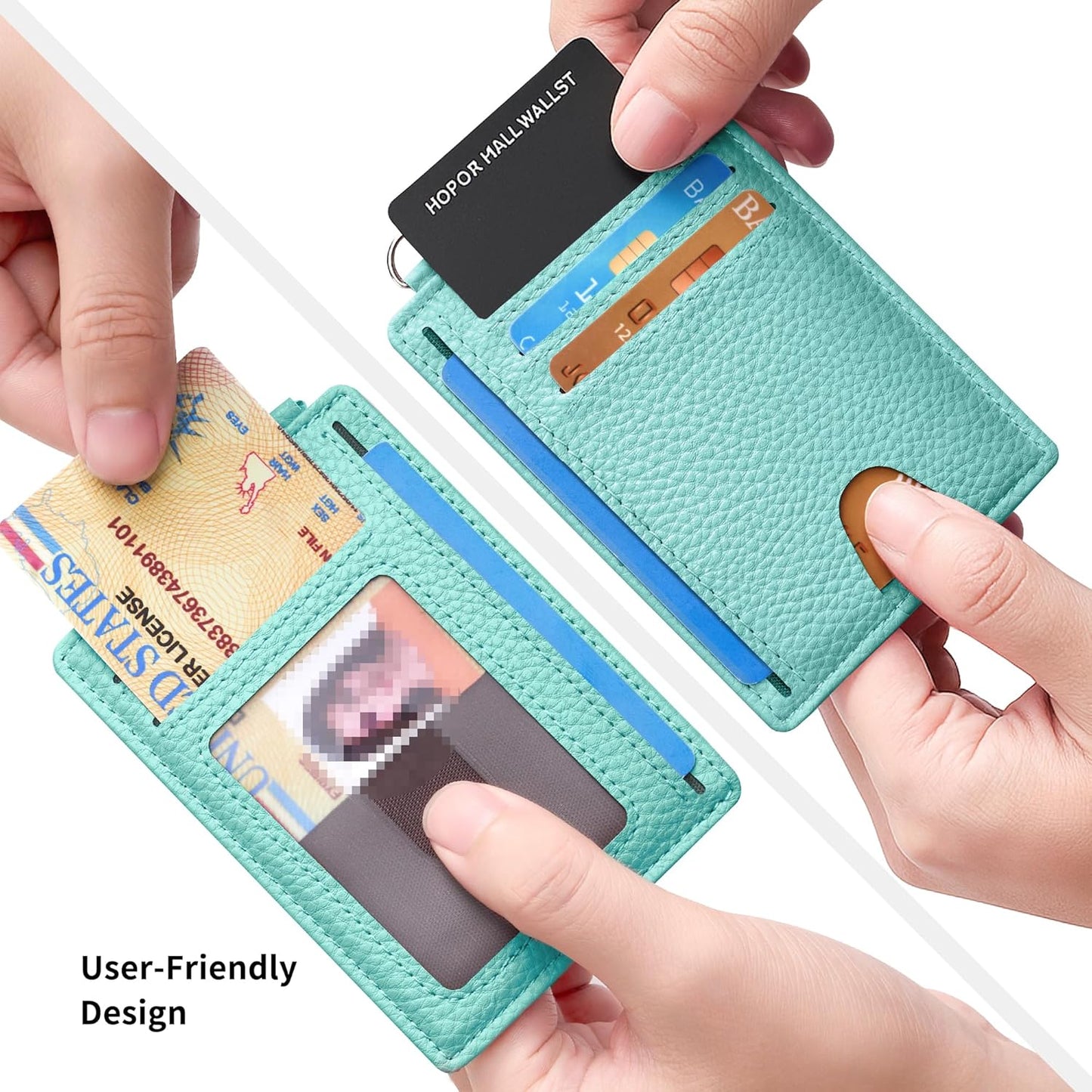 Mayski Slim Wallet, Credit Card Holder for Women, Minimalist Front Pocket RFID Blocking Card Cases, Small Wallet Women Men(Litchi Ocean Green)