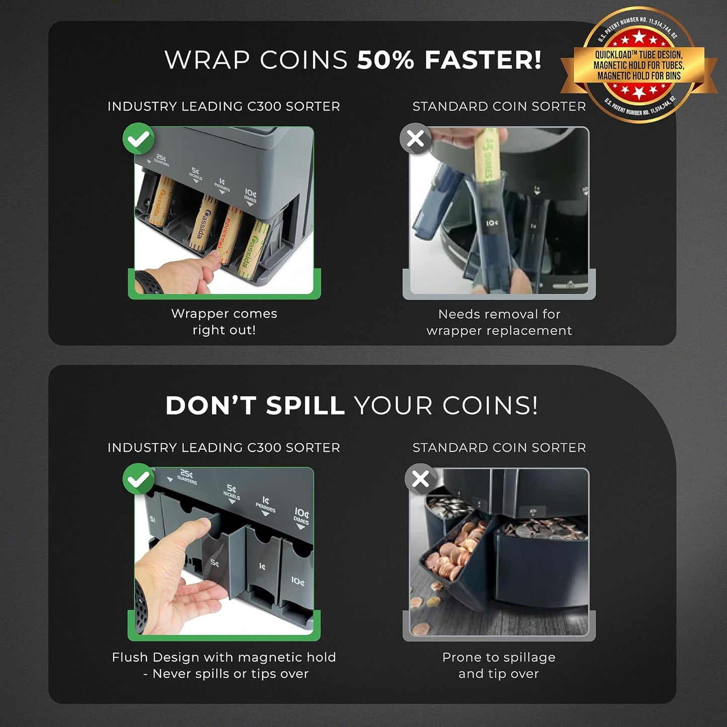 Cassida C300 Professional USD Coin Counter, Sorter and Wrapper/Roller, 300 coins/min, with Quickload and Printing-Compatible,Gray