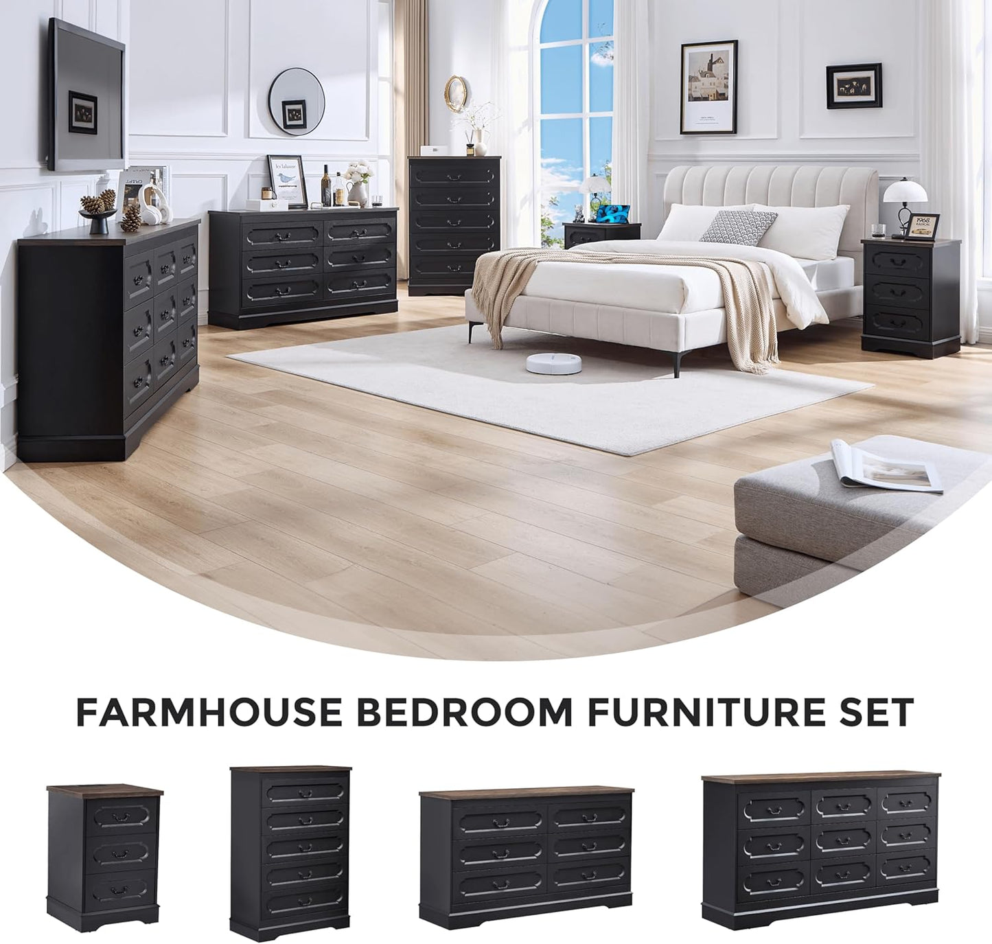 LIDYUK 5 Drawer Dresser for Bedroom Farmhouse Black Wood Chest of Drawers for Bedroom Dresser, Rustic 46" Tall Wide Drawers Dressers Wooden Closet Storage Cabinet, Hallway, Living Room