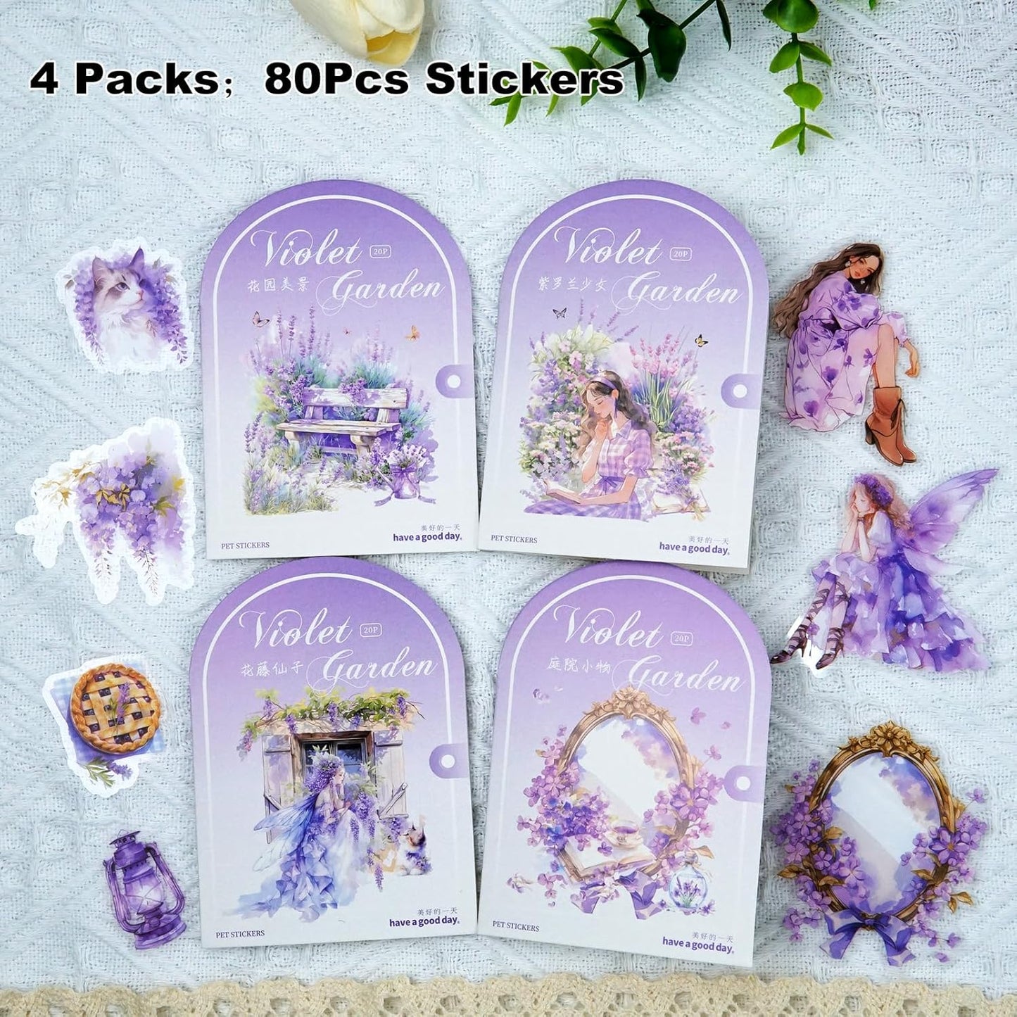 Violet Garden PET Sticker Set, 80PCS Fairy-Themed Scrapbook Supplies Journal Stickers in Purple for DIY Crafts, Planners, and Collages