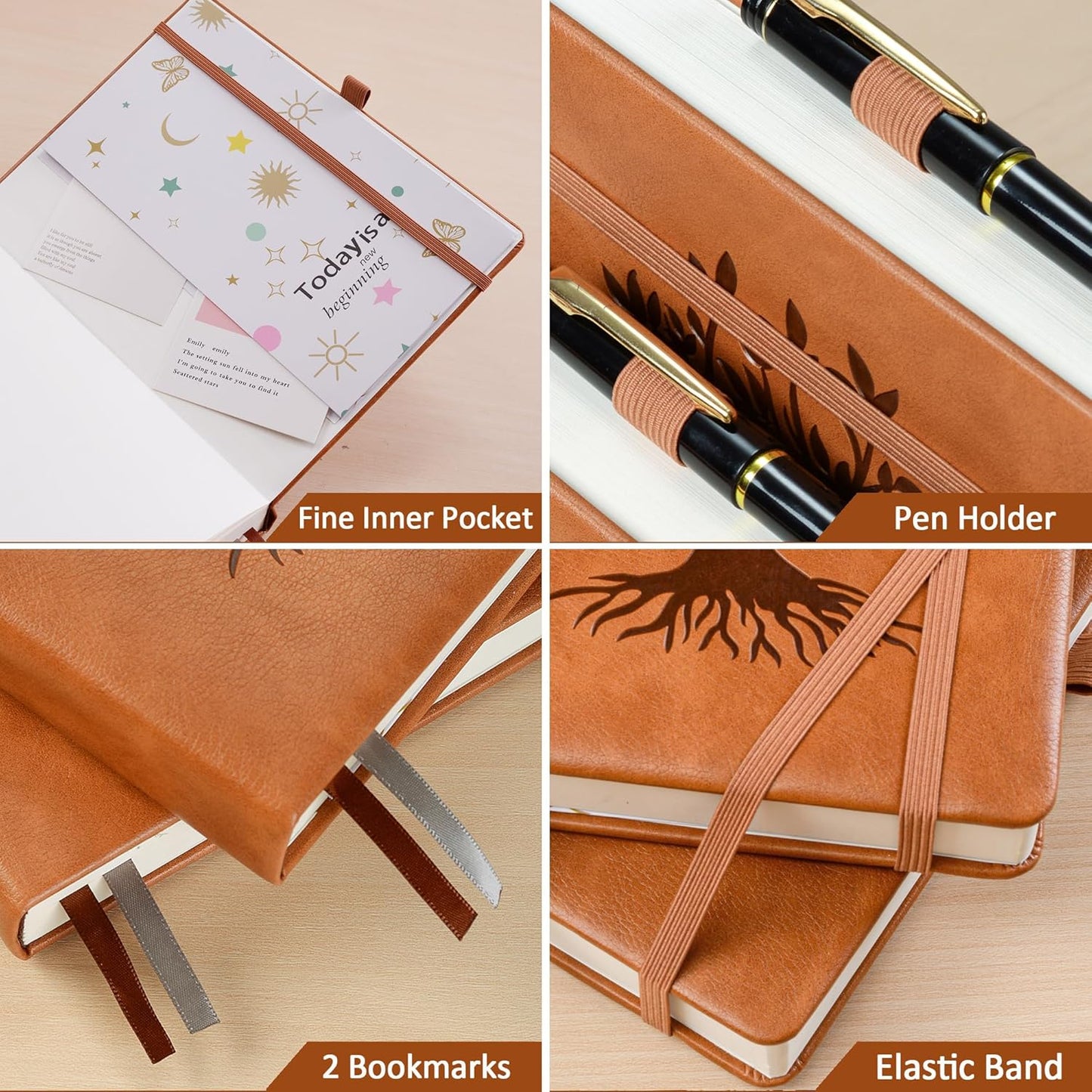 ZXHQ B5 Bullet Dotted Journal Notebook:150 gsm Thick Paper, 256 Pages, Dot Grid Hardcover, Tree of Life Design, Fine Inner Pocket - 7.7" × 10" Brown