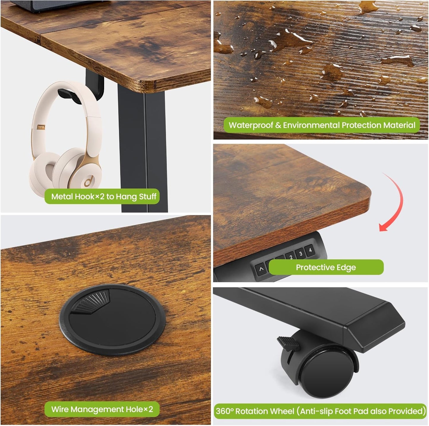 farexon Electric Standing Desk Adjustable Height, 48x 24 Inches Sit Stand Up Computer Desk with Double Metal Hook，4 Memory Preset Heights, 27''-46'' Lifting Range for Home/Office（Brown）