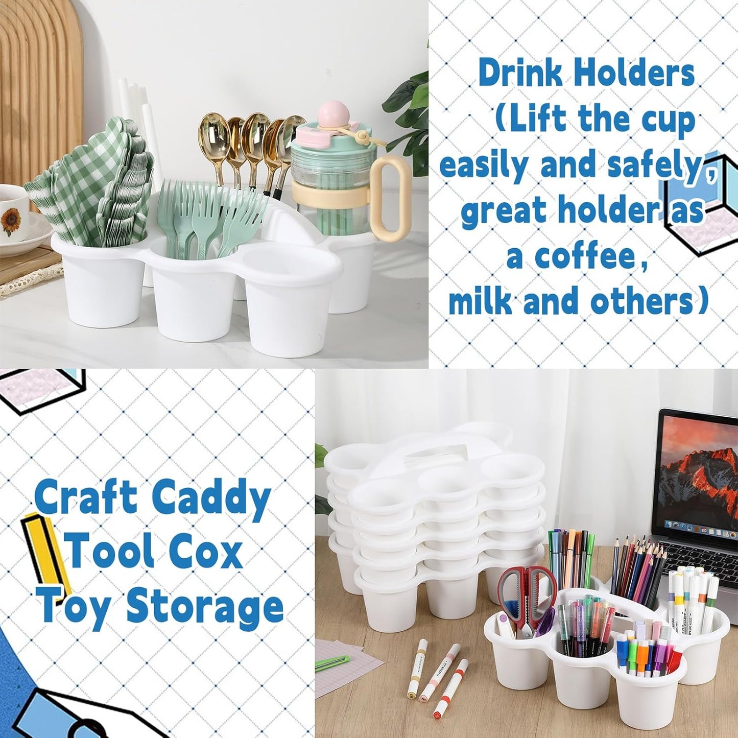 6 Pack Classroom Caddy with Handle Plastic Storage Caddy Organizer with 6 Compartments Drink Cup Caddies Holder Portable Storage Bin for Pencil, Crayon, Marker, Home, Office, School Supplies(White)