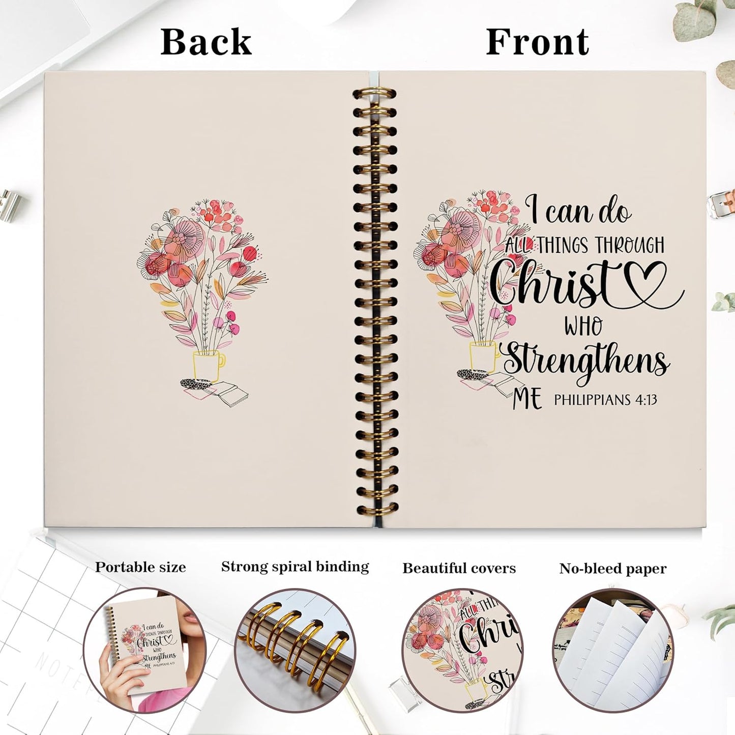 Bible Notebook, A5 Spiral Christian Journal Pink Floral Notebook, Bible Verse-I Can Do All Things Through Christ Who Strengthens Me, Inspirational Notebooks for Women, Gift for Birthday Christmas