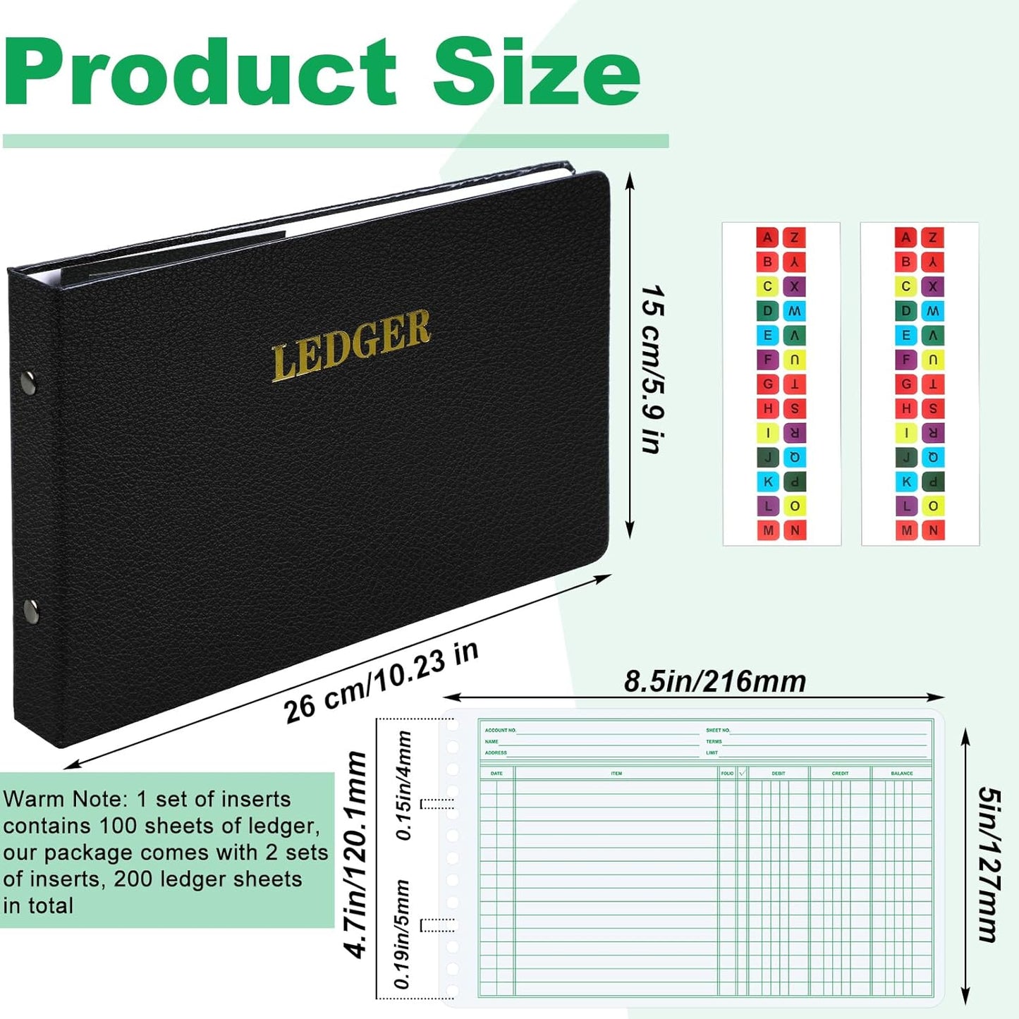 Ring Ledger Binder with 200 Pcs 5"x8.5" Ledger Sheets Small Index Tabs for Bookkeeping Accounting Business with Debit Credit Balance Columns(Black Cover, White Sheets)