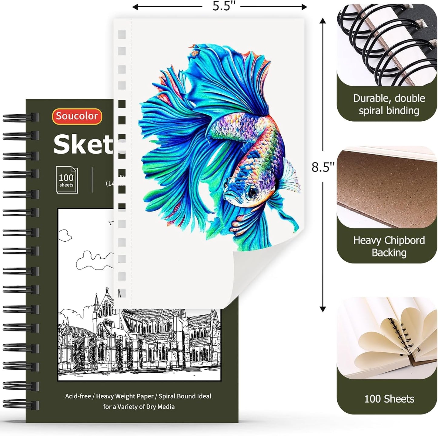 Soucolor 5.5" x 8.5" Sketchbook Pack of 2, 200 Sheets Blank Journal Notebook, A5, Spiral Bound Sketch Pad Drawing Book Acid-Free Paper (68lb/100gsm), Painting Sketching Drawing Notebook Art Supplies