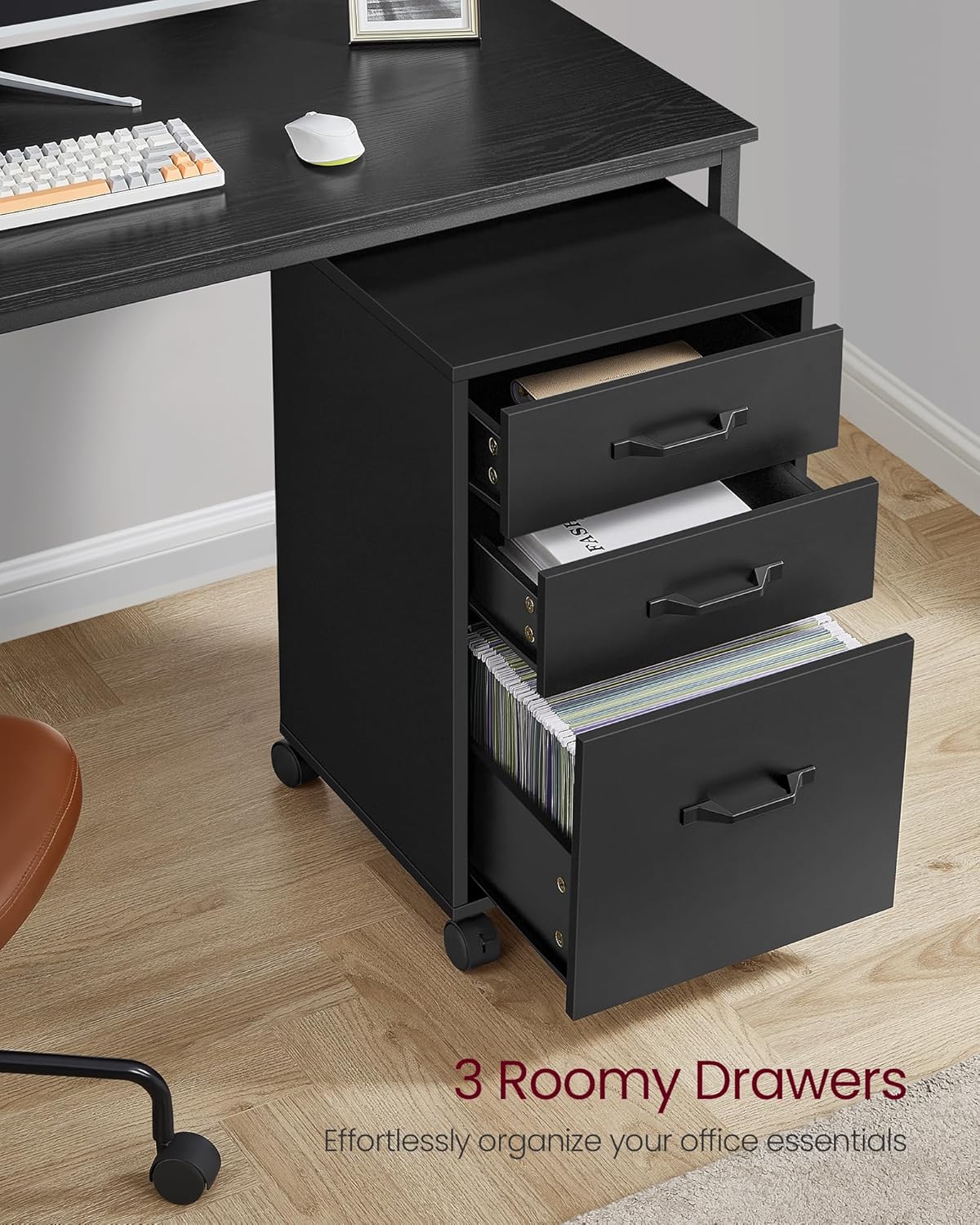 VASAGLE File Cabinet, 3 Drawers Filing Cabinet for Home Office, with Wheels, for A4, Letter Sized Documents, Hanging File Folders, Ink Black UOFC065B16